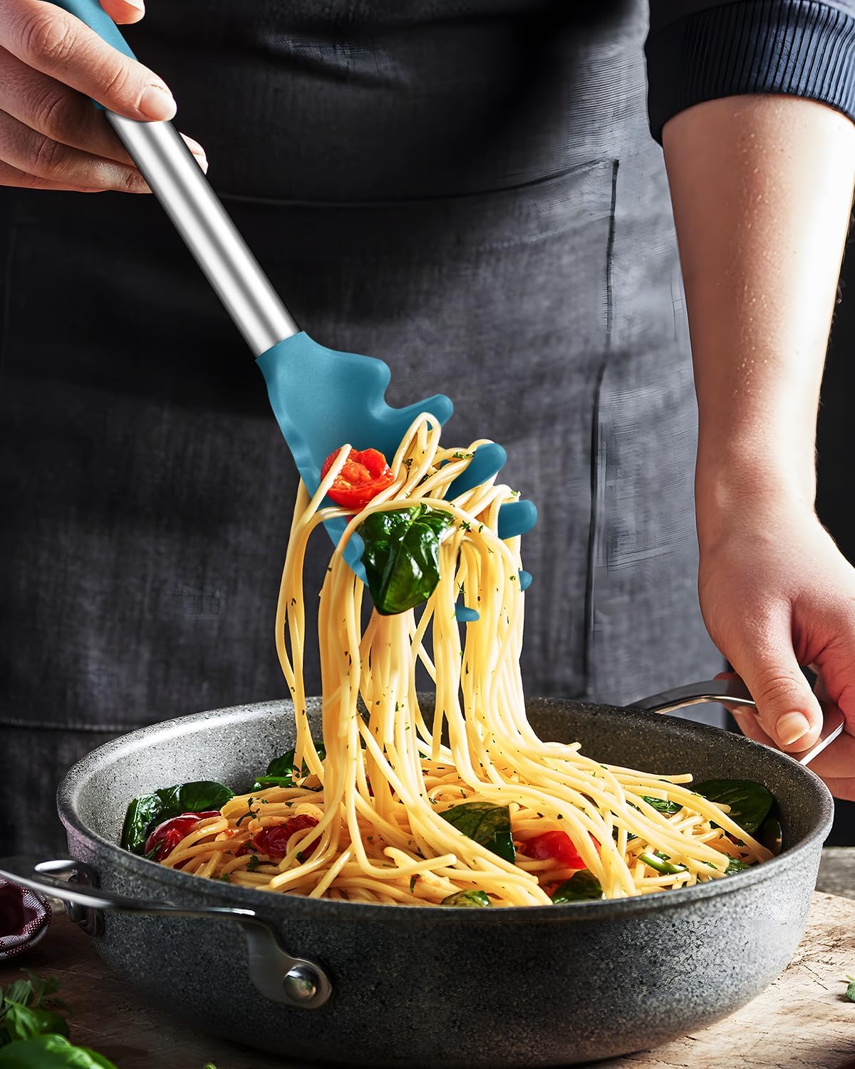 Spaghetti Spoon and Pasta Tong, Non-stick Silicone Spoon Server Fork With Teeth and Stainless Steel Handle, Food Clip for Noodles (Blue)