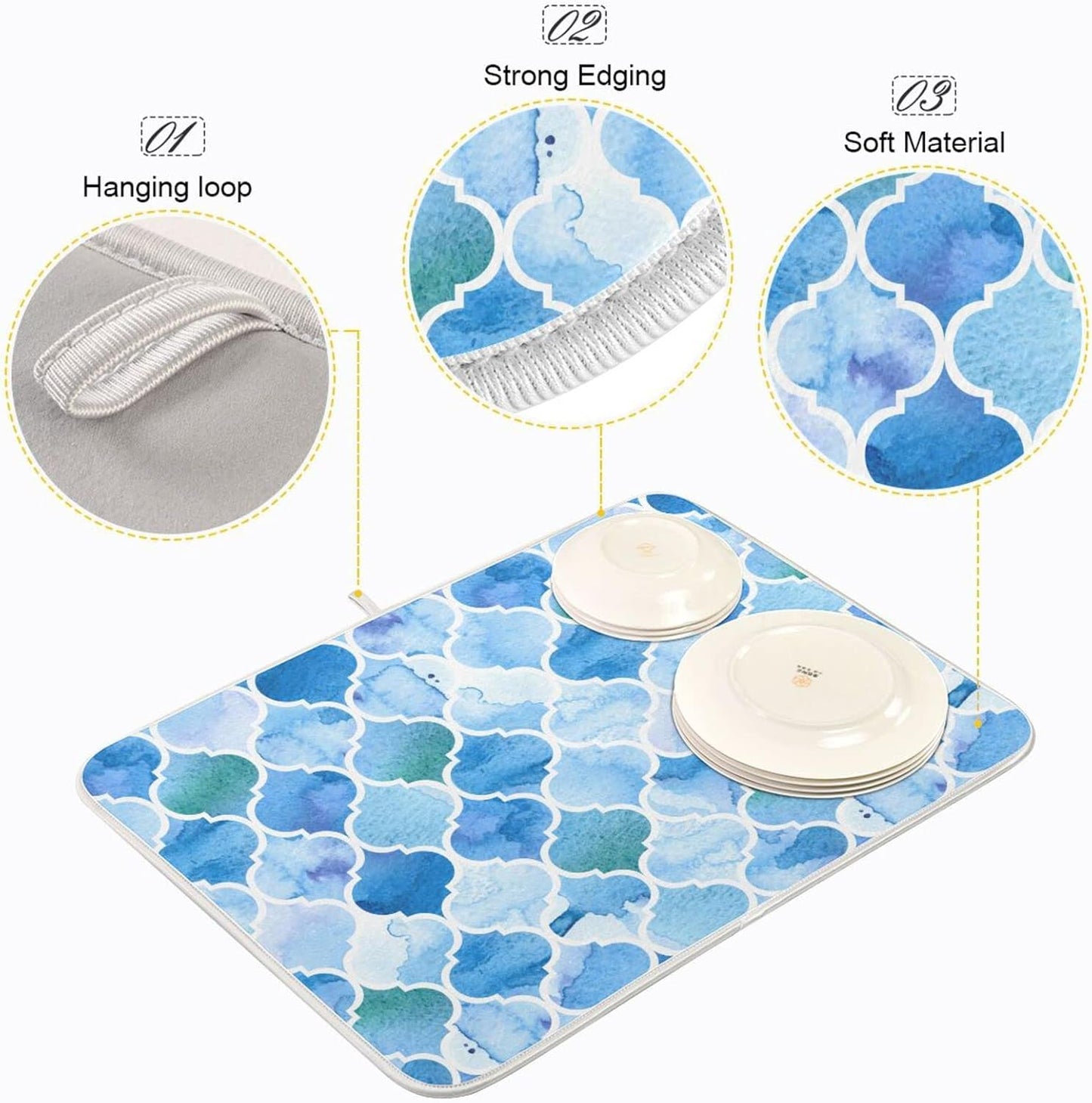 Senya Super Absorbent Dish Drying Mat, Microfiber Fast-Drying Dish Mat, 16/ x 18/ , Kitchen Dish Drying Pad, Watercolour Moroccan Background