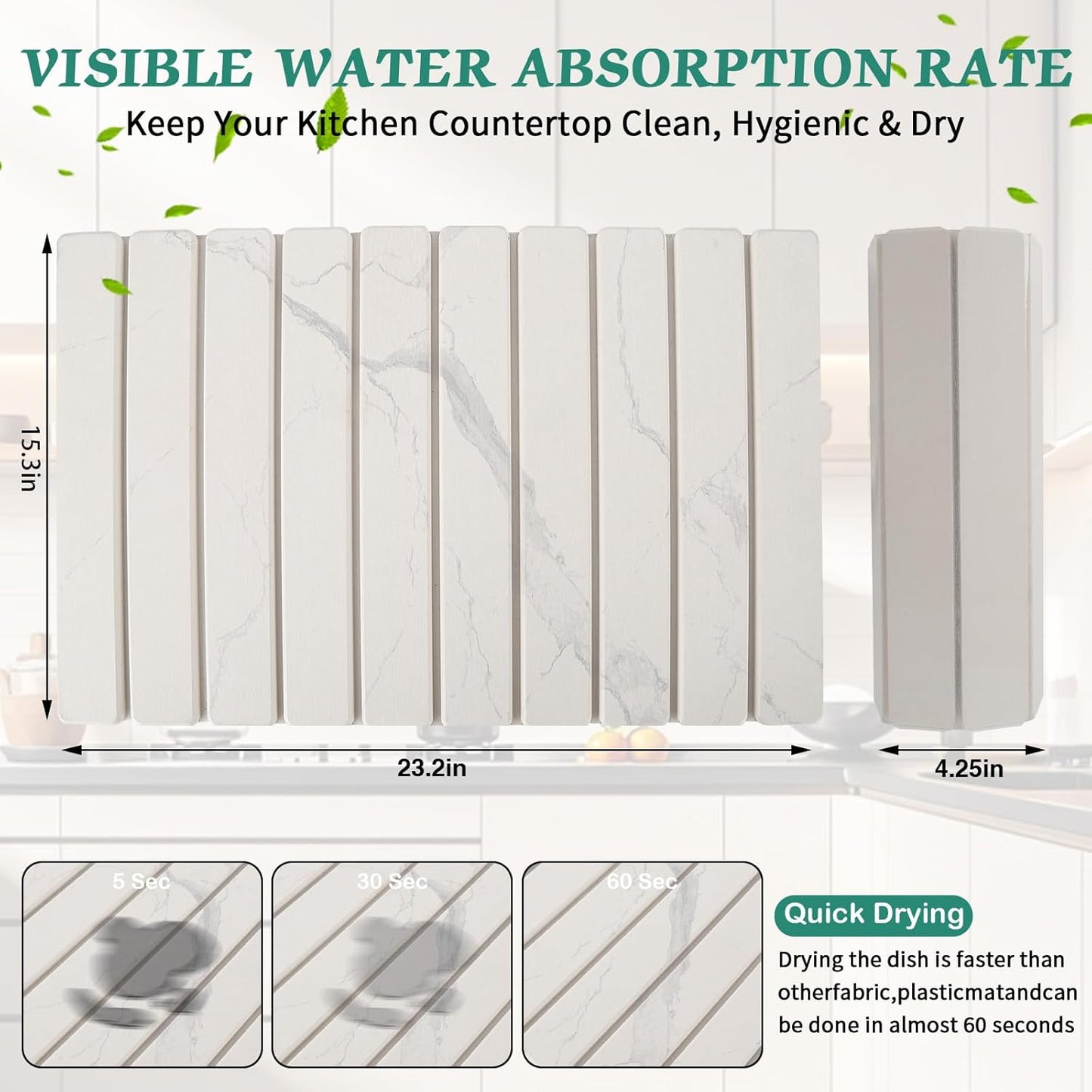 Stone Dish Drying Mat for Kitchen Counter, 24''×15'' White Marble Dishes Drying Matt Kitchen Counter, Absorbent Diatomaceous Earth Bath Quick Dry Mats for Tableware, Bottles and Cup