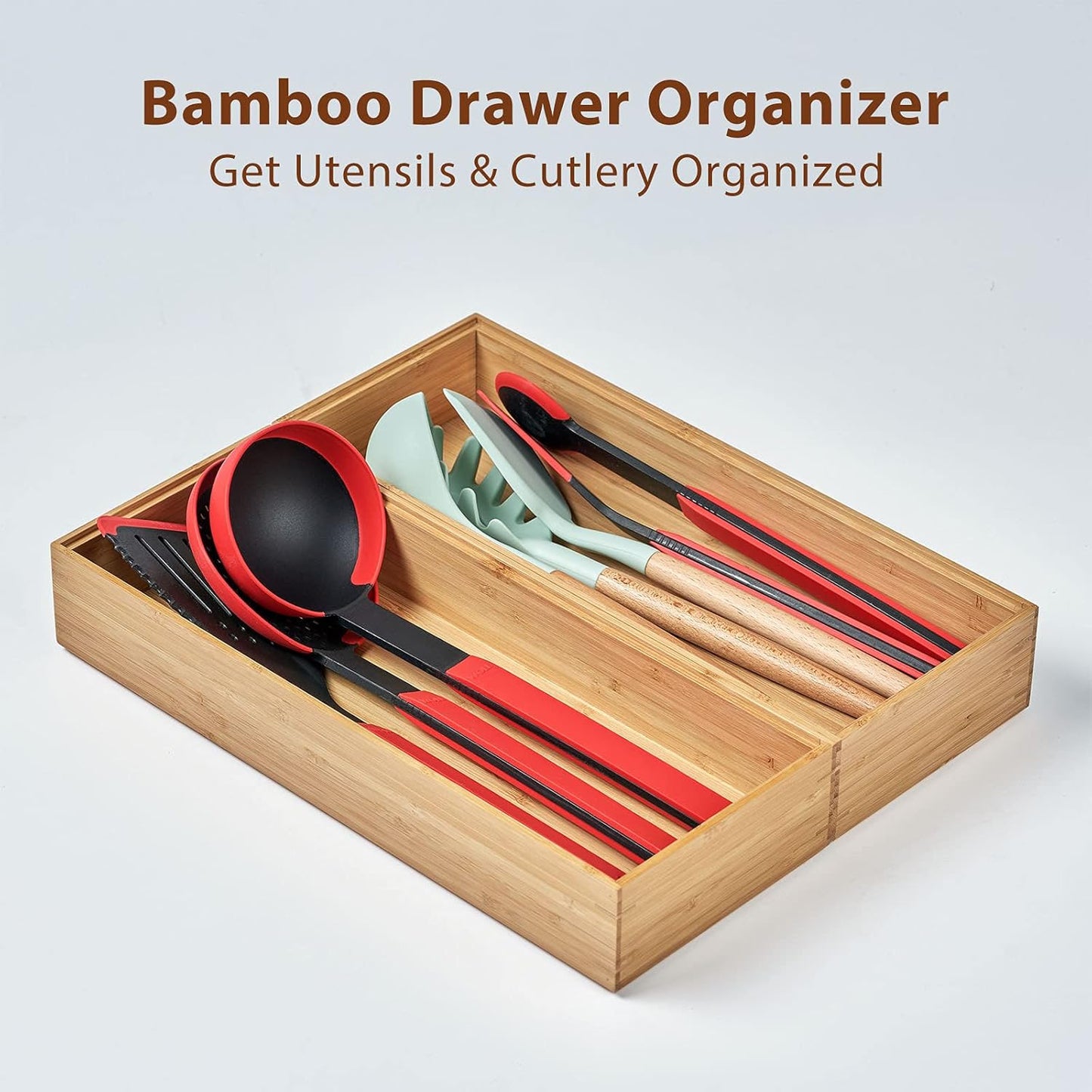 Umilife Bamboo Kitchen Drawer Organizer Boxes with Anti-Skid Silicone Feet, 2pcs Stackable Storage Bins for Kitchen Utensils & Silverware & Desk Drawer & Makeup, Tools Holder, 15”L x 6”W x 2.5”D Each