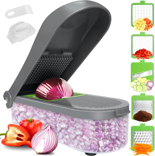LHS Multifunctional Vegetable Chopper - 7 in 1 Veggie Slicer, Dicer, Cutter for Onions, Potatoes, Salad - Grey Container Included