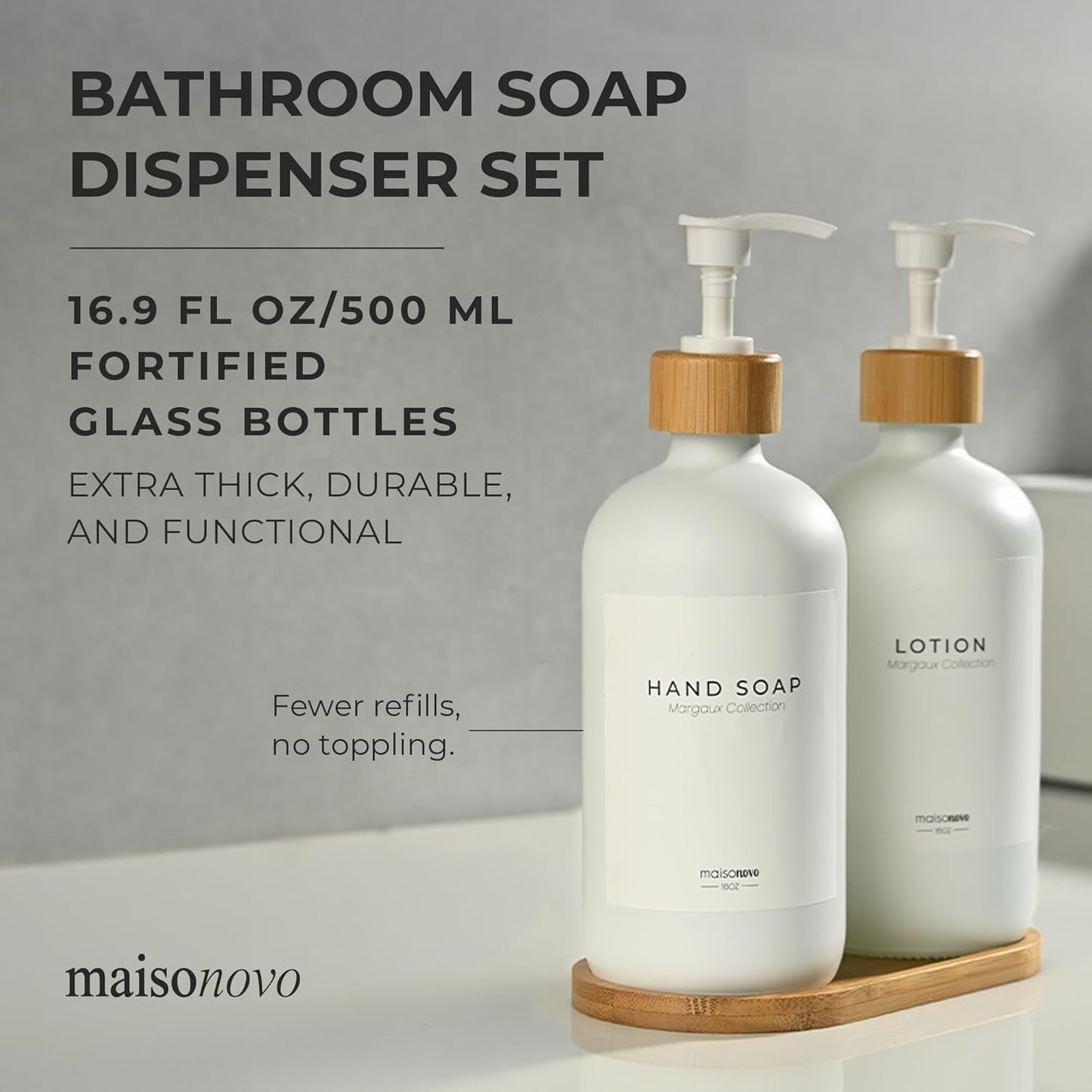 MaisoNovo Glass Soap Dispenser Bathroom Set | Hand Soap and Dish Soap Dispenser Set | 16.9oz White Bottles with White Bamboo Pump | Bathroom Lotion Dispenser with Pump Set of 2