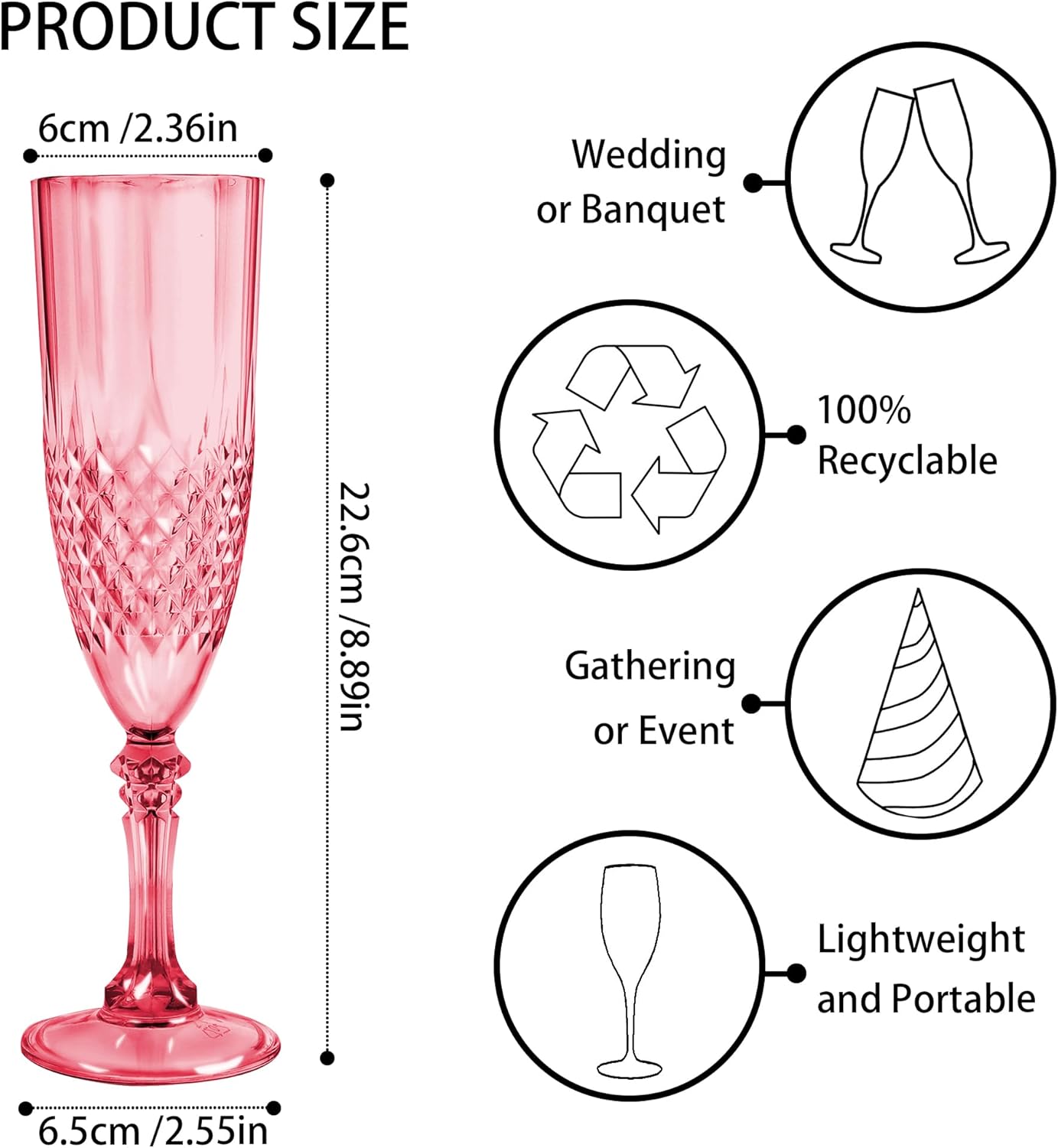 Plastic Champagne Flutes, 24PCS Red Plastic Wine Glasses Goblets Reusable Champagne Flute for Weddings, Bachelor Parties, Toasting, and Events(24,Red)