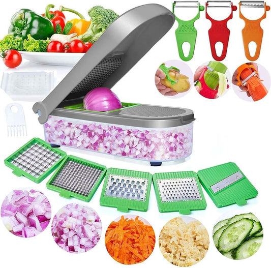 LHS Vegetable Chopper, Pro Onion Chopper Slicer Dicer Cutter Shredded- Cheese & Veggie Plus Peeler and Julienne - Food Dicer with 8 Blades (Grey)
