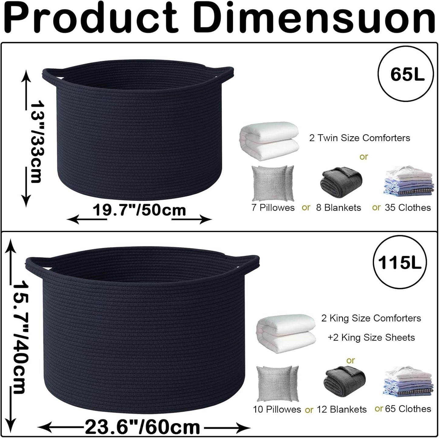 Large Blanket Basket for Organizing,65L Closet Organizers and Storage Bins Box for Shelves Woven Rope Storage Baskets,Living Room,Bedroom,Dorm,Laundry room (Navy)