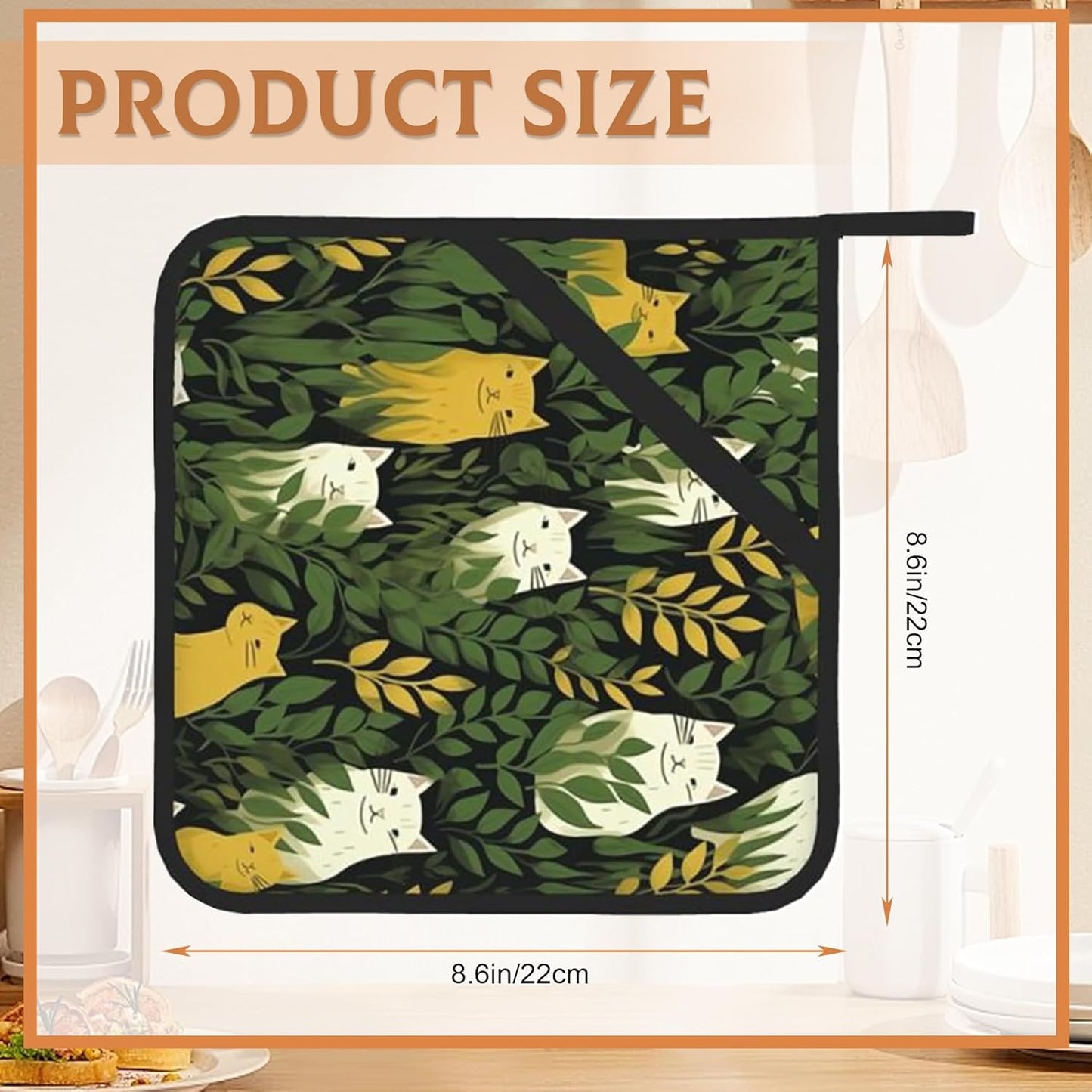 Cute Cats and Green Plants Pot Holder Set of 2,Kitchen Heat Resistant Potholder for Women Men BBQ Cooking Baking