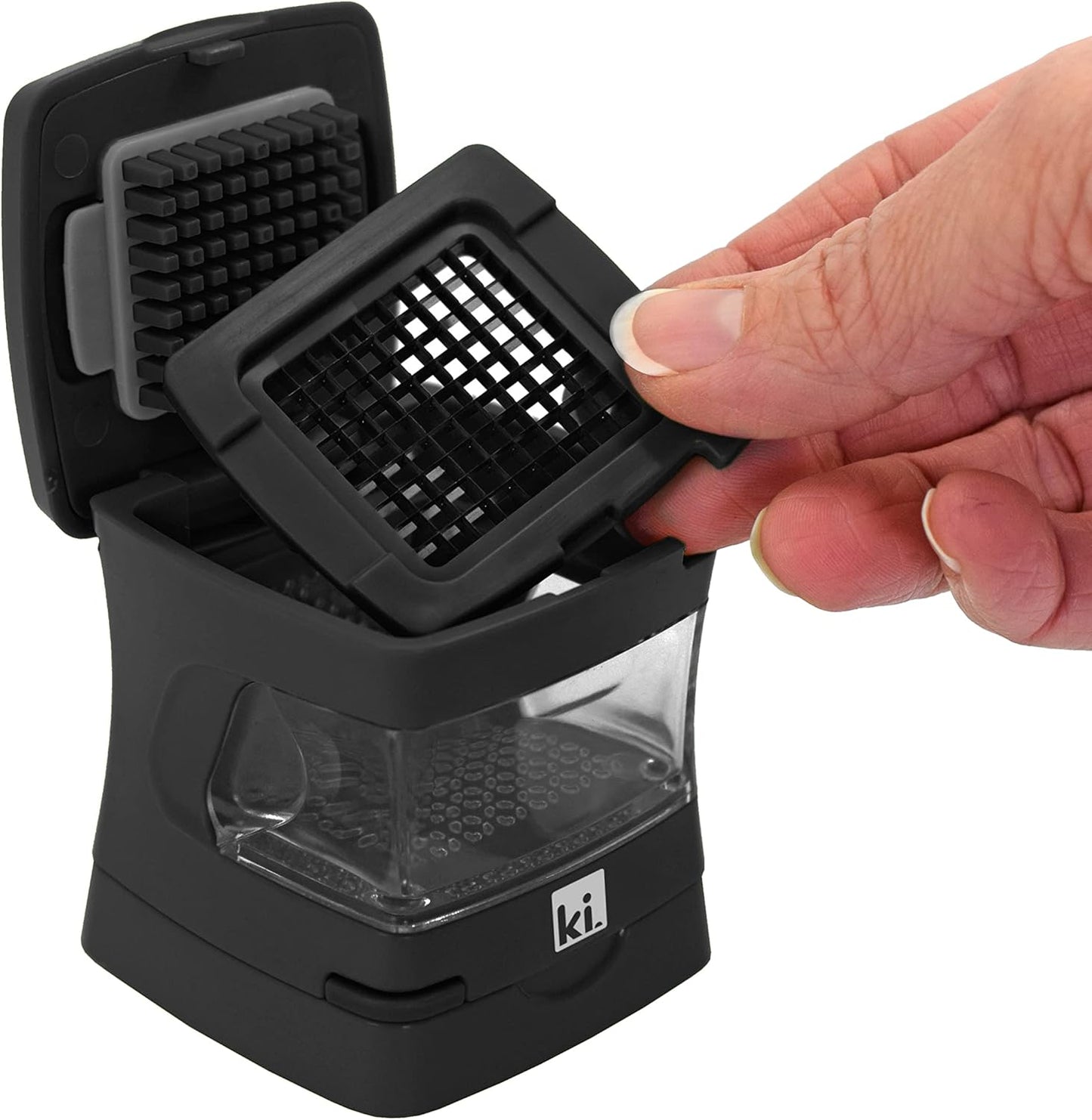 Garlic-A-Peel Garlic Press, Crusher, Cutter, Mincer, and Storage Container - Includes Silicone Garlic Peeler - Easy to Clean - Stainless Steel Blades – (Black), standard