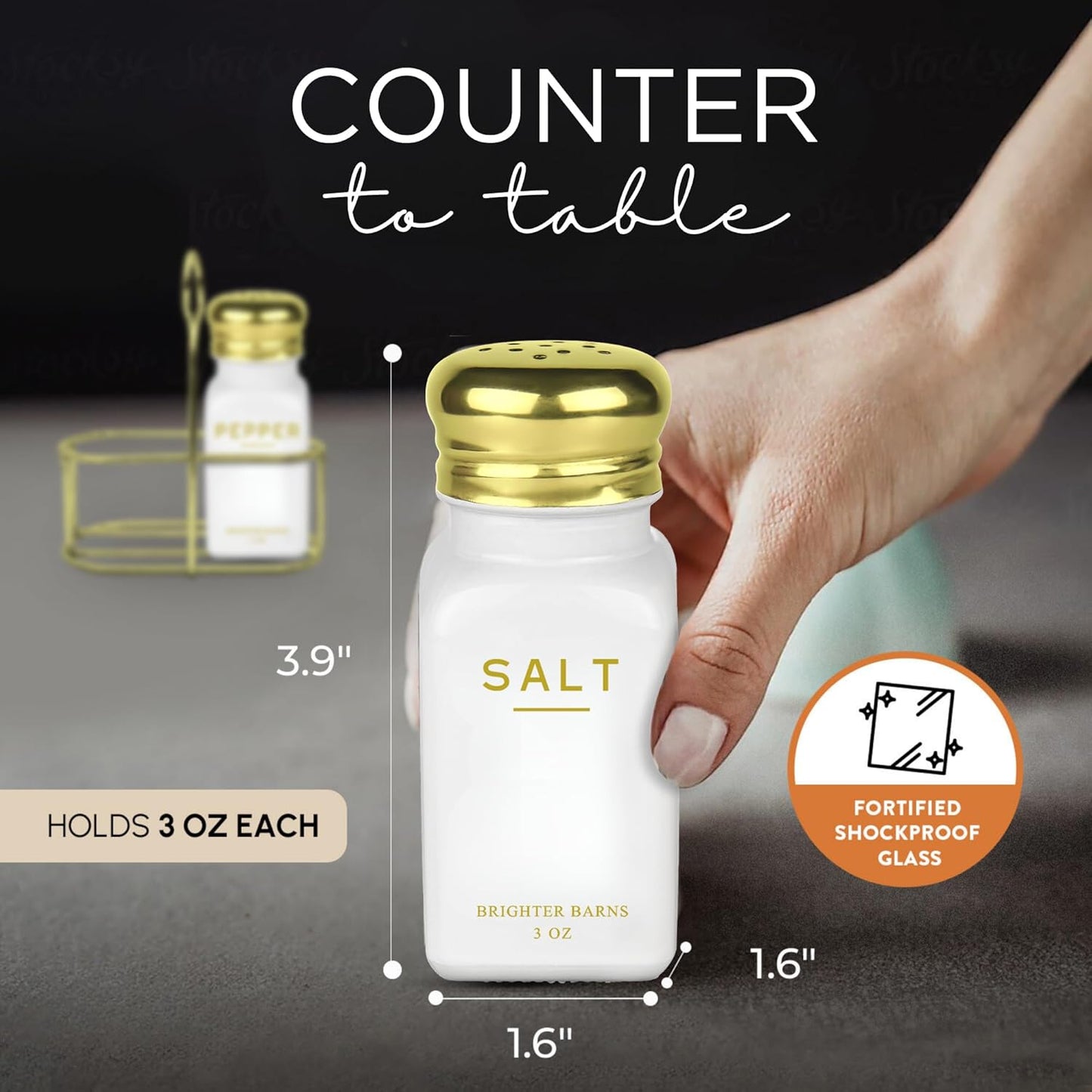 Luxury Salt and Pepper Shakers Set with Holder by Brighter Barns - Modern Kitchen Essentials, White and Gold Kitchen Accessories - Vintage Glass Shakers with Caddy for Restaurant, Airbnb (White/Gold)