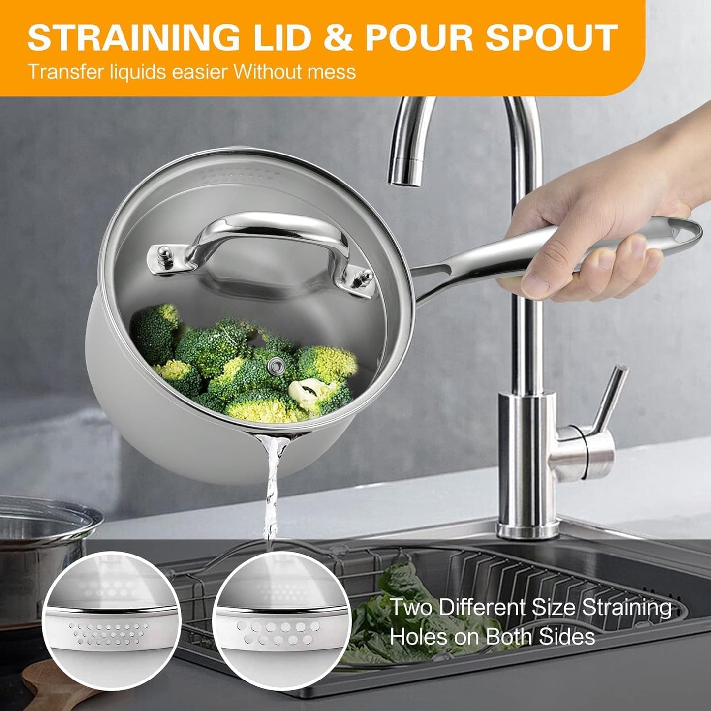 Tri-Ply Stainless Steel Sauce Pan with Steamer Basket & Straining Glass Lid — Heavy-Duty, Thick Base,Rust-Resistant,Warp-Free —100% Food-Grade —Built to Last– Works with All Stovetops, Pasta Pot 2 QT