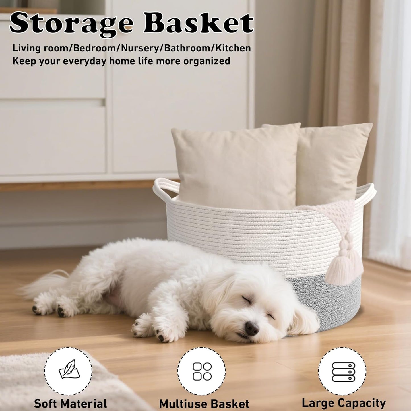 Large Blanket Basket for Organizing,65L Closet Organizers and Storage Bins Box for Shelves Woven Rope Storage Baskets,Living Room,Bedroom,Dorm,Laundry room (White&Grey)