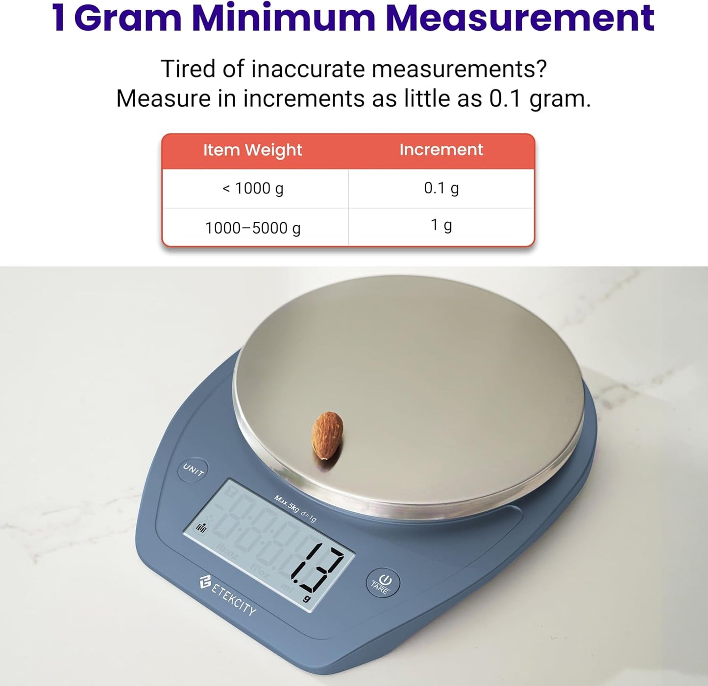 Etekcity 0.1g Food Scale, Bowl, Digital Grams and Ounces for Weight Loss, Dieting, Baking, Cooking, and Meal Prep, 11lb/5kg, Stainless Steel Prussian Blue