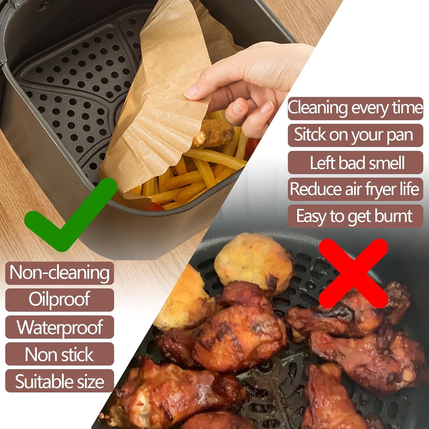 UBeesize 9 Inch Air Fryer Paper Liners, 400 PCS Parchment Paper, Air Fryer Disposable Paper Liners for Microwave, Non-Stick Sheets Square Free of Bleach（Bottom size 8 Inch）