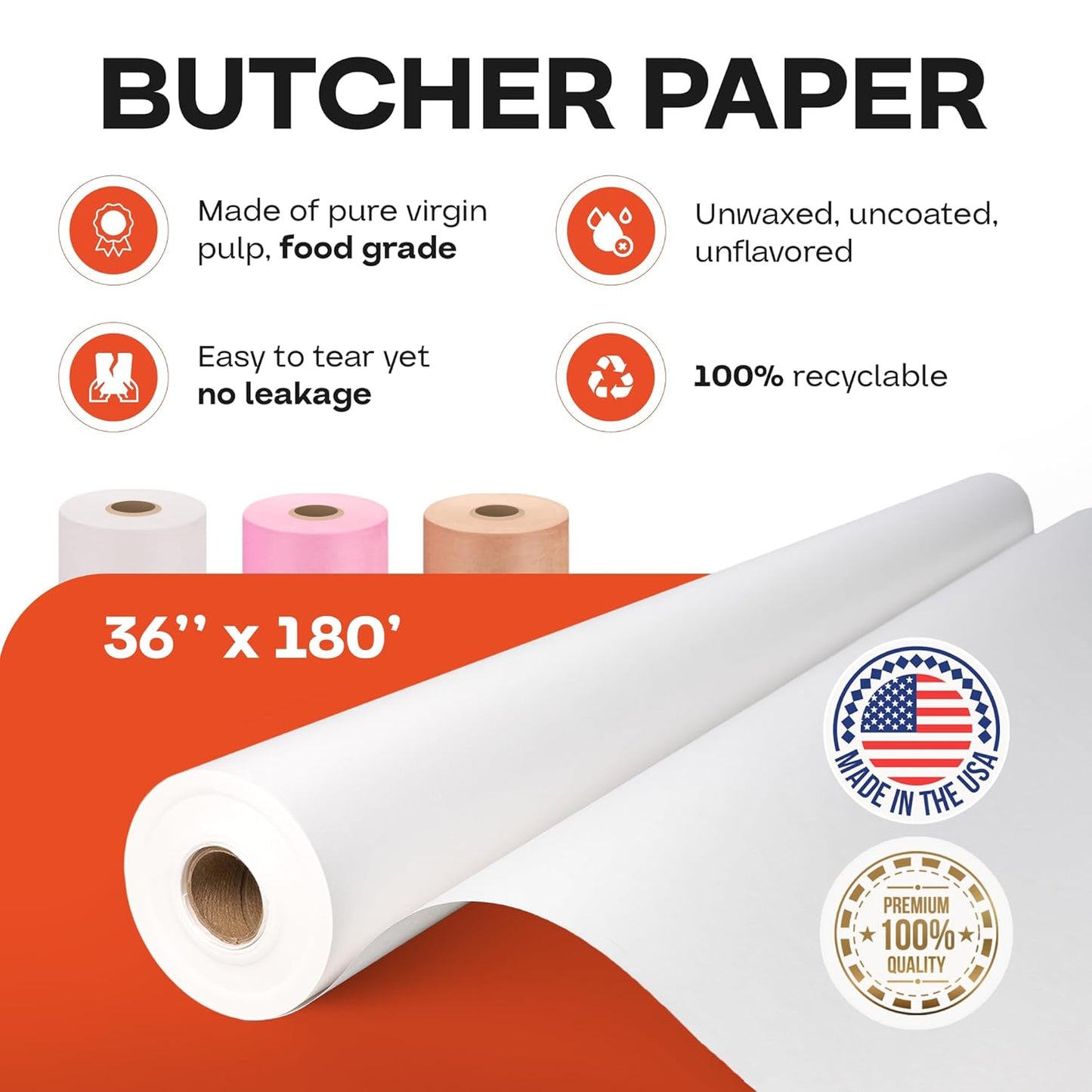 White Butcher Paper 36" x 2160" (180 feet) - USA-Made Natural Butcher Paper Roll for Meat and Fish - Uncoated, Unwaxed & Food-Grade Material for Smoker, Grilling & BBQ by IDL Packaging