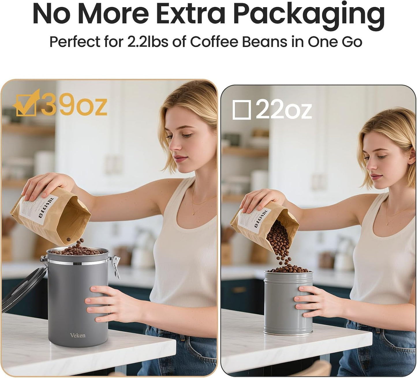 Veken Coffee Canister, 39OZ Large, Airtight Stainless Steel Food Storage Container for 2.2lbs Coffee Beans, Ground, Sugar, Tea, Flour, Rice, Cereal, Cookies Jars, Bar Accessories & Gifts, Gray