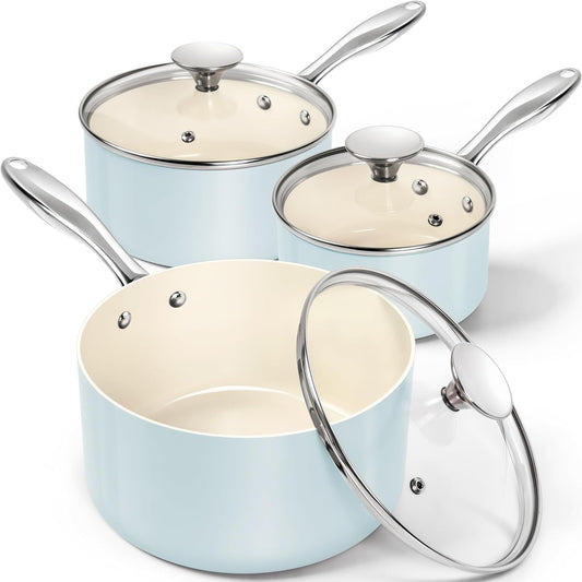 MICHELANGELO Sauce Pan with Lid, Non Stick Saucepan Set of 3-1Qt & 2Qt & 3Qt Small Pots for Cooking, Ceramic Saucepan - Non-Toxic, Scratch-Resistant, Oven Safe, Light Blue