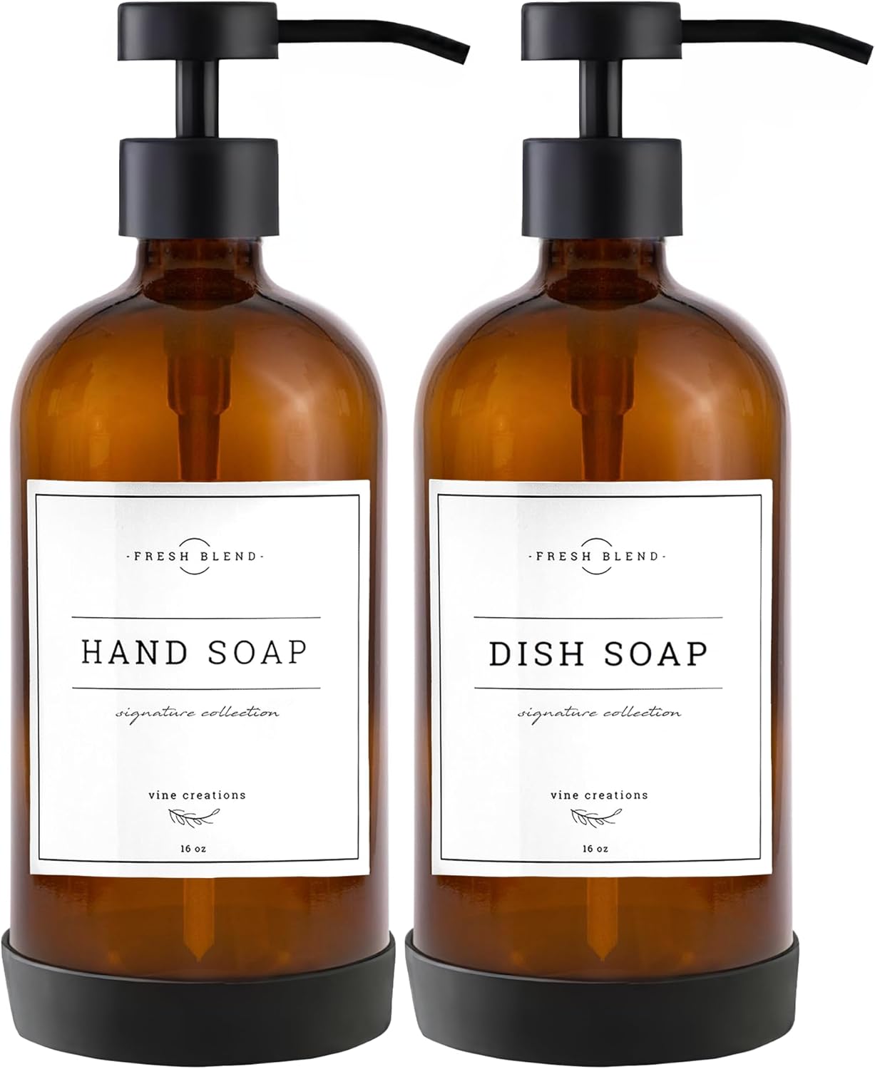 Vine Creations Amber Glass Soap Dispenser Set - Kitchen Soap Dispenser Set with Stainless Steel Pump - 16 oz Dish Soap and Hand Soap Dispensers for Bathroom with Silicone Pad & Waterproof Labels