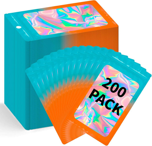 200 Pack Resealable Mylar Holographic Bags Food Storage Smell Proof Bags with Front Window Foil Packaging Pouch for Candy Sample Jewelry Small Business 4.13×5.91 Inch, Blue Fade Orange