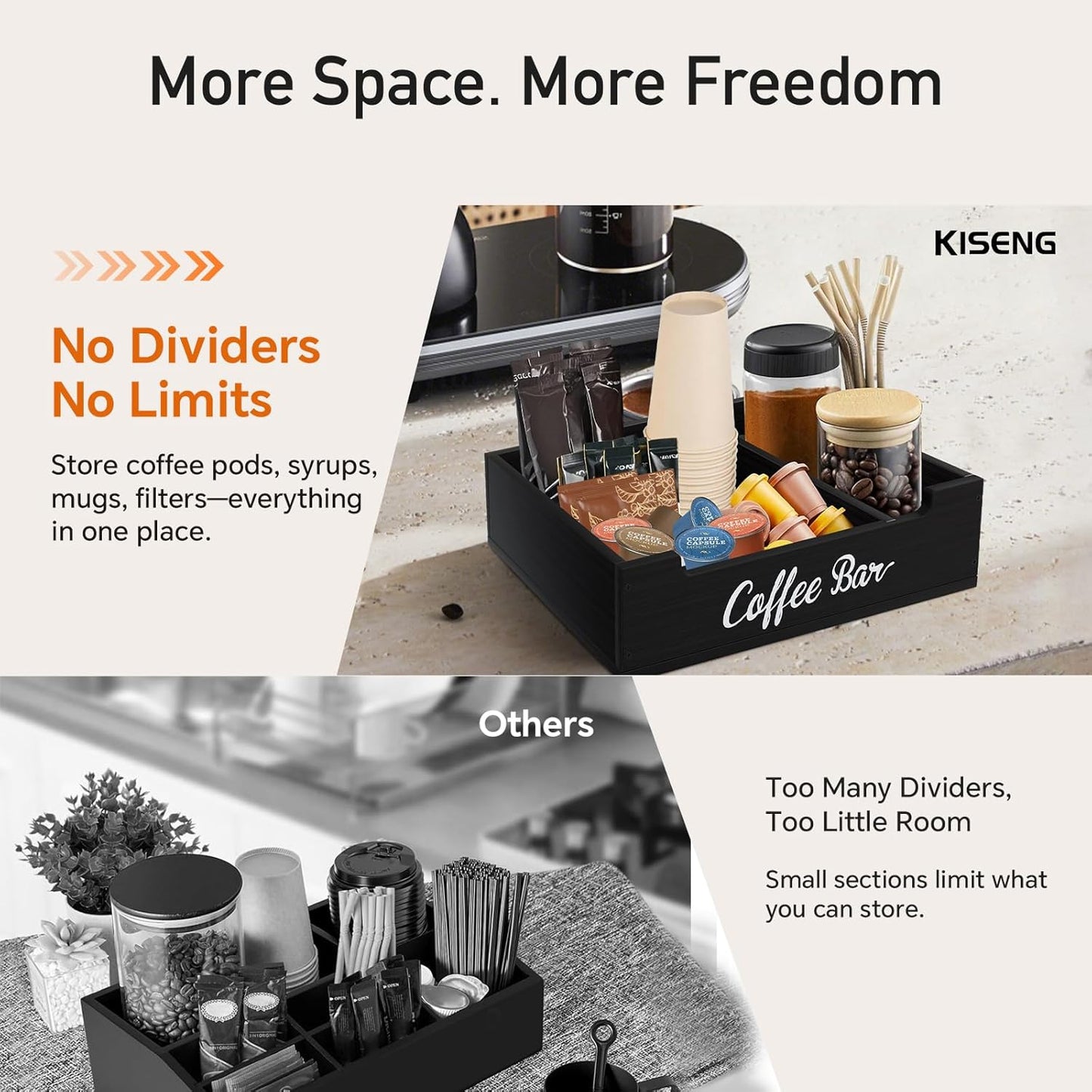 Coffee Pod Bar Station Wooden 14" X 10" X 4" Organizer Box for Countertop, Counter Top Tea Espresso Cup Wood Storage Box, Black