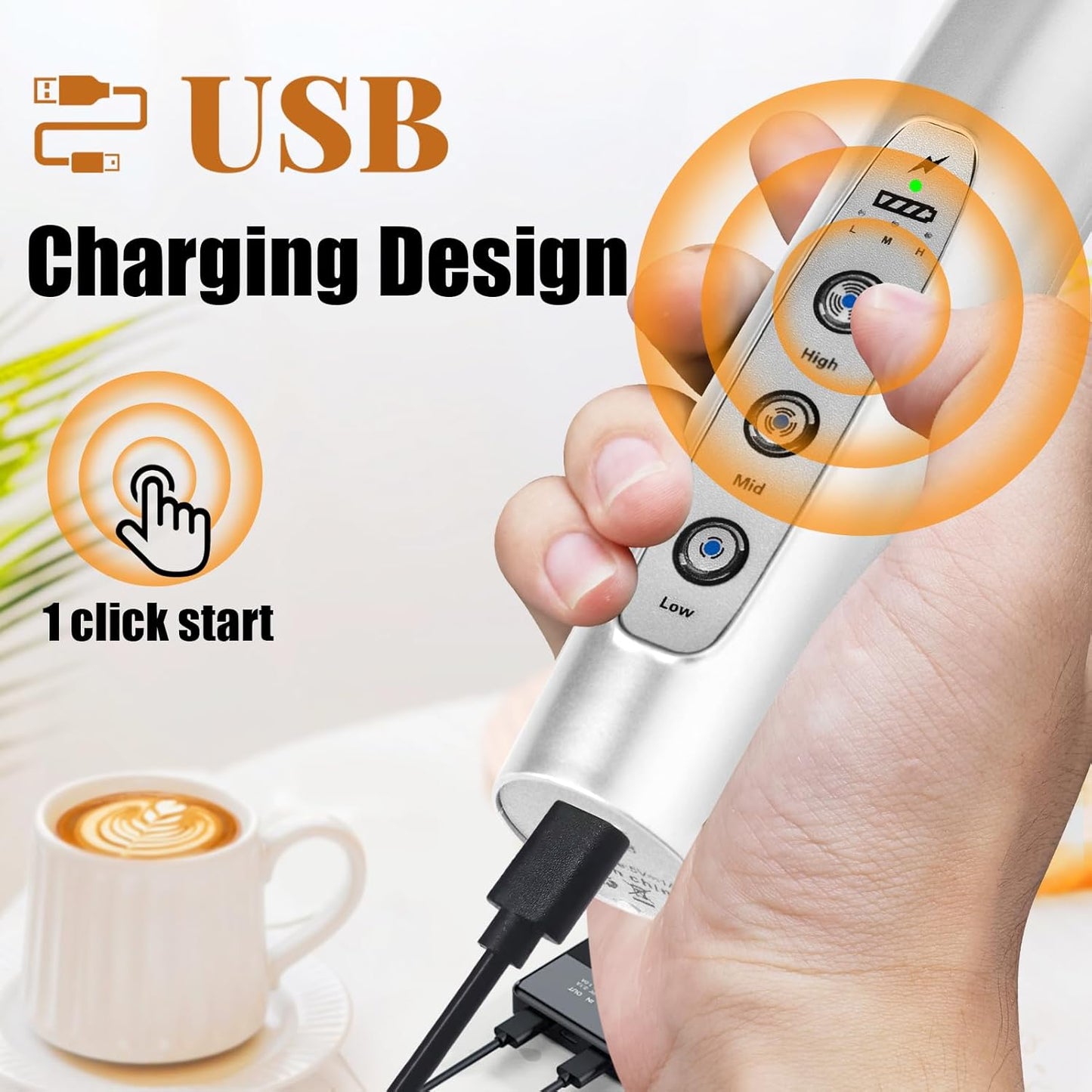 Nahida Silver Milk Frother Wand for Coffee, Frother Handheld Rechargeable Electric Whisk with 3 Heads 3 Speeds Drink Mixer Coffee Frother Foam Maker For Latte, Cappuccino, Hot Chocolate, Egg