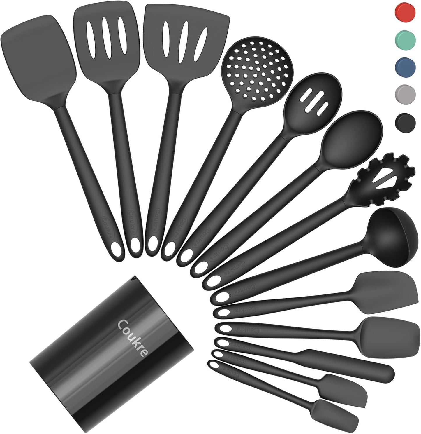 Coukre Silicone Kitchen Cooking Utensils Set with Holder – Heat-Resistant, Food-Grade Kitchen Tools, Spatula, Spoon & Gadgets for Non-Stick Pans, Dishwasher Safe (14, PureBlack)