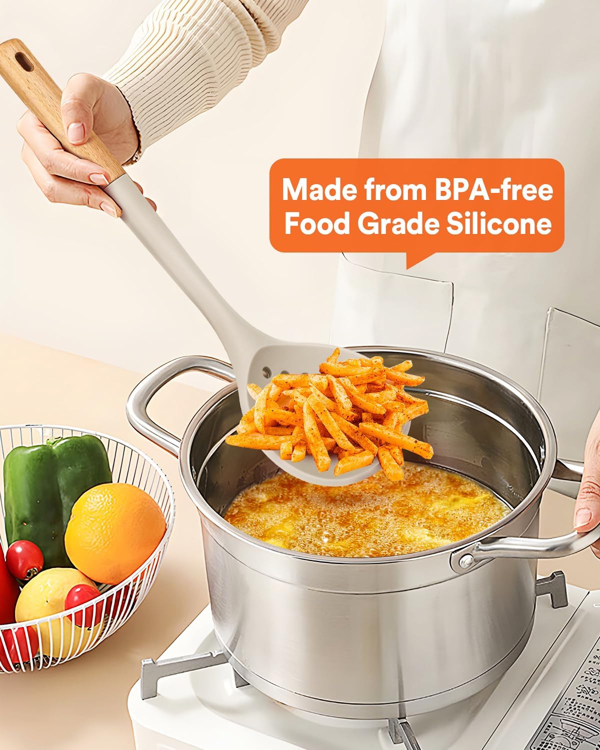 Kitchen Ladle Strainer, Large Slotted Spoon with High Heat Resistant BPA Free, Non Stick Cooking Skimmers For Draining & Frying, 13.2inch (Khaki & Blue)