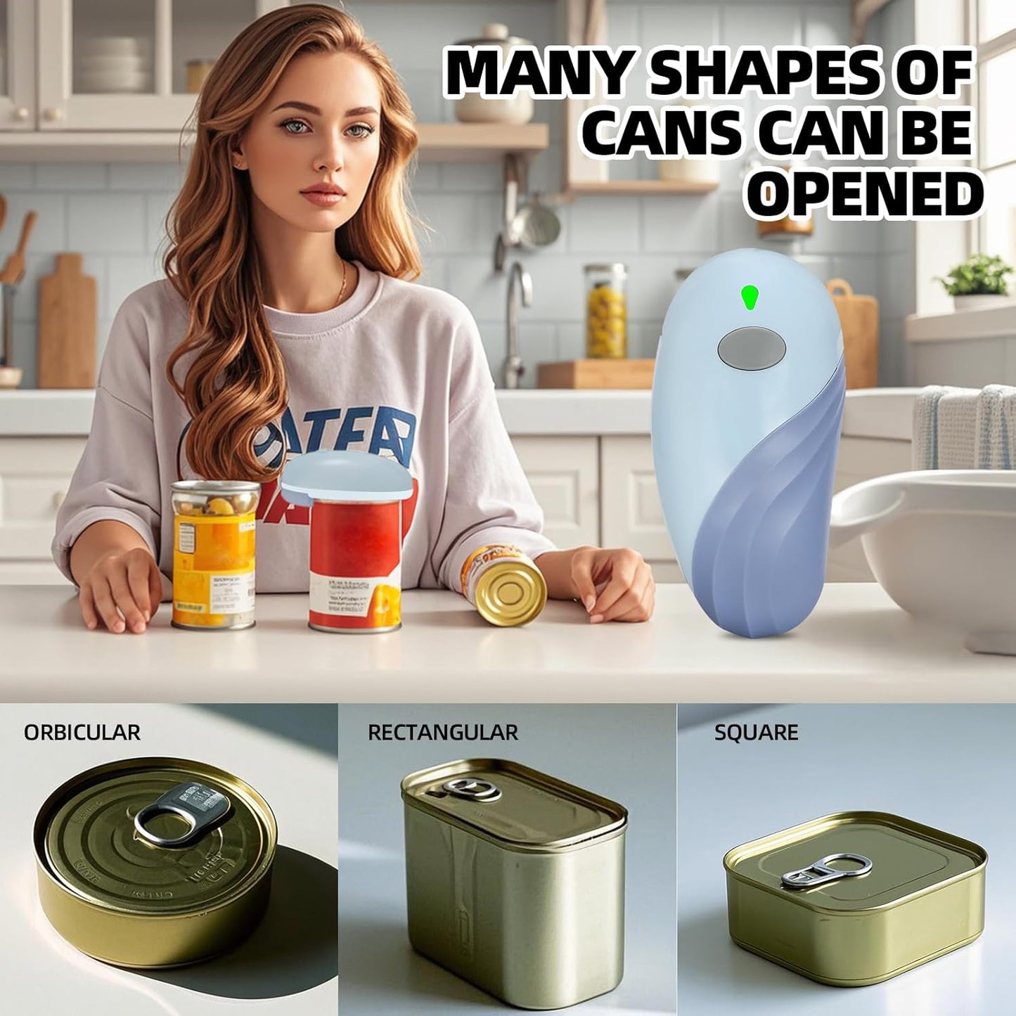 Rechargeable Auto Electric Can OpenerTouch Side Cut Opener Open Your Cans with A Simple Press of Button - Automatic,Smooth Edge,Food-Safe,for Kitchen for Seniors with Arthritis Small Size (Blue)