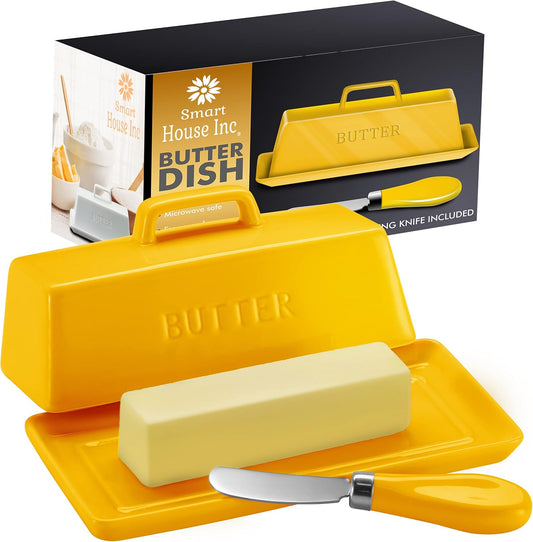 Ceramic Butter Dish Set with Lid and Knife - [Yellow]- Decorative Butter Stick Holder with Handle for 1 Stick of Butter - Microwave Safe, Dishwasher Safe - Anti-Scratch Stickers Included
