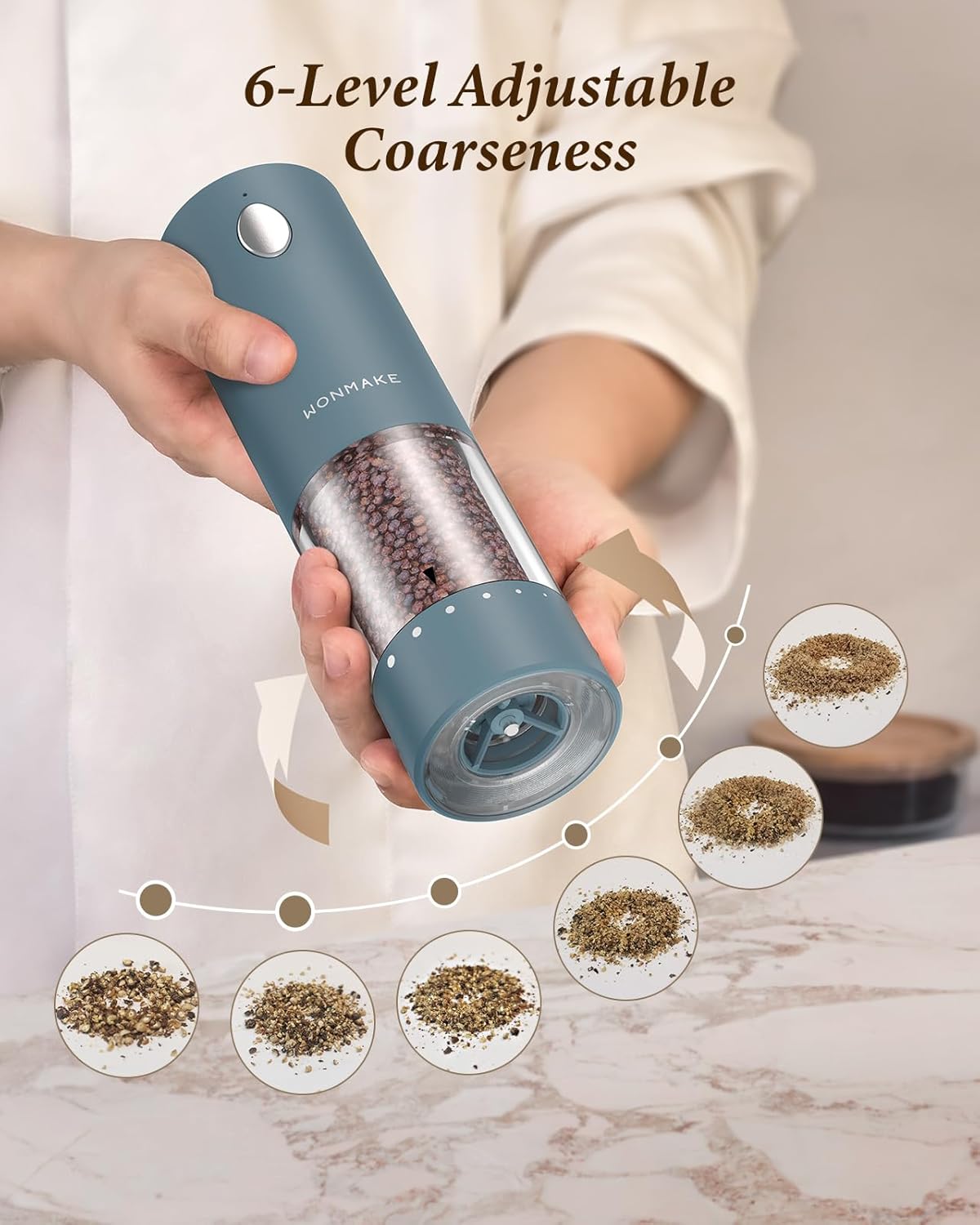 Electric Salt and Pepper Grinder Set - Automatic Refillable Salt and Pepper Grinders with Charging Base & LED Light, 6-Level Adjustable Coarseness with External Dial, Ideal Kitchen Gadget，Blue