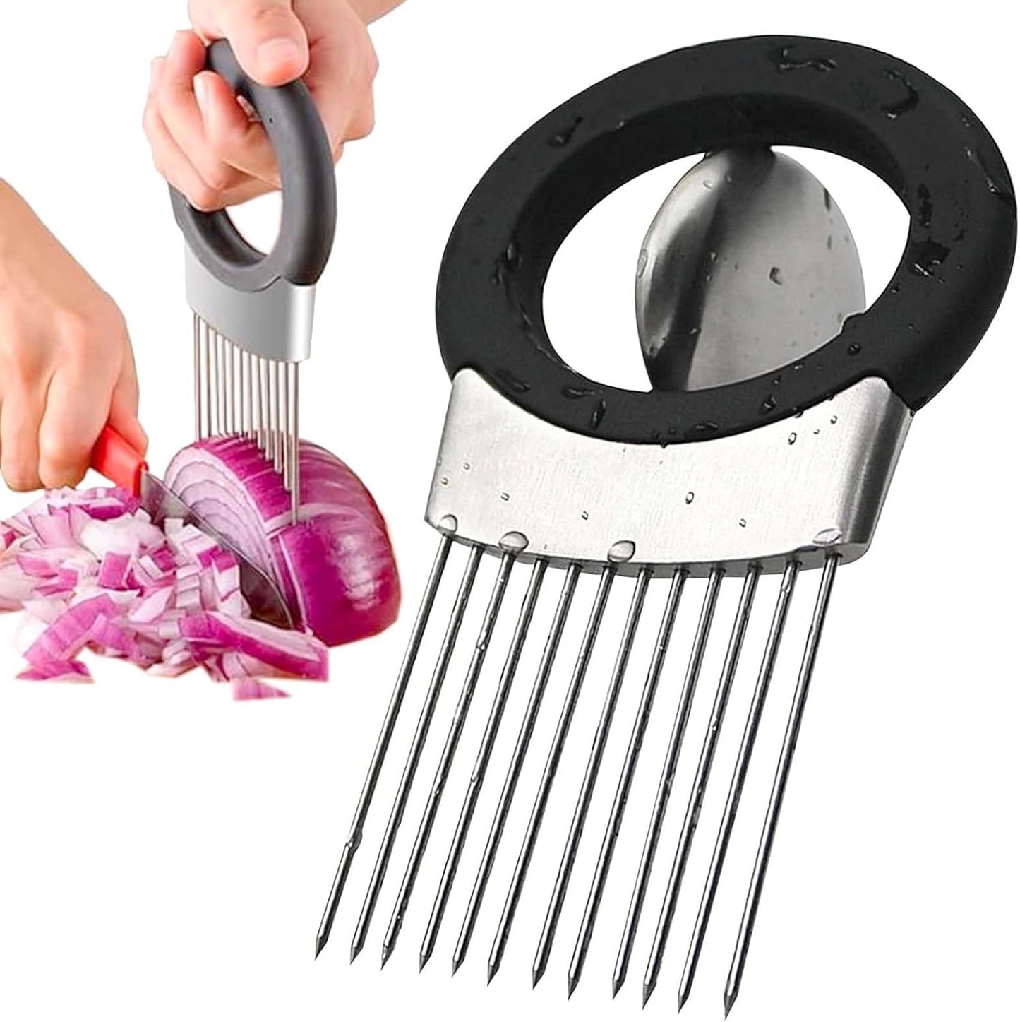 JAYVAR Onion Holder for Slicing, Onion Cutter Vegetable Chopper, Stainless Steel Tomato Potato Slicer, Meat Tenderizer Tool, Convenient Grip Food Slicer Assistant, Food Slice Guide for Vegetable Fruit