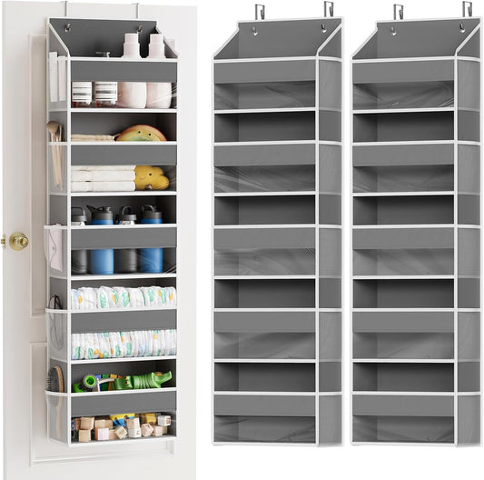 SpaceAid 2 Pack Over The Door Organizer with 5 Large Pockets and 10 Mesh Side Pockets, 5 Layers Door Organizer Hanging with Clear Window for Bedroom, Bathroom, Pantry and Nursery, Gray