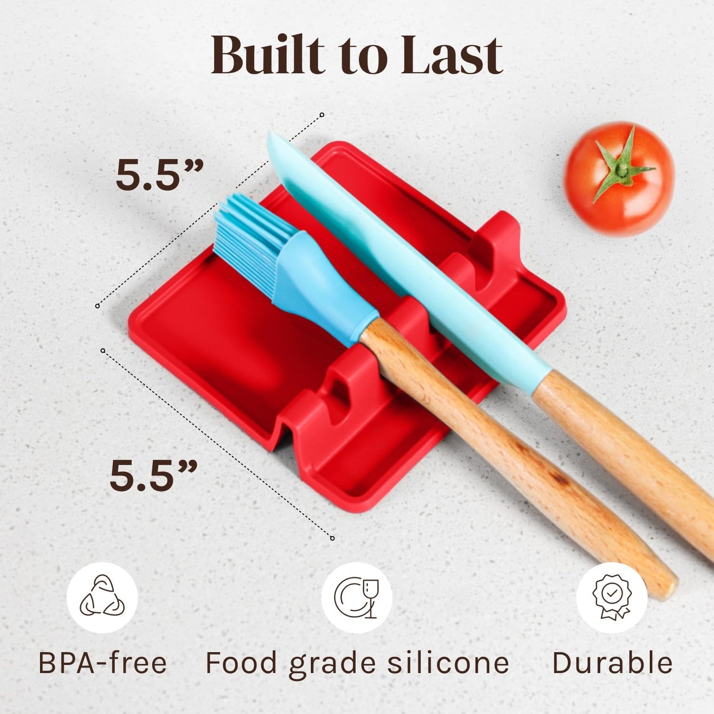 Red Silicone Spoon Rest for Stove Top with Drip Pad (Two Pack) - Heat-Resistant, BPA-Free Utensil Rest & Spoon Holder for Kitchen Counter - Grill Utensil Holder for Spatulas, Tongs, Ladles