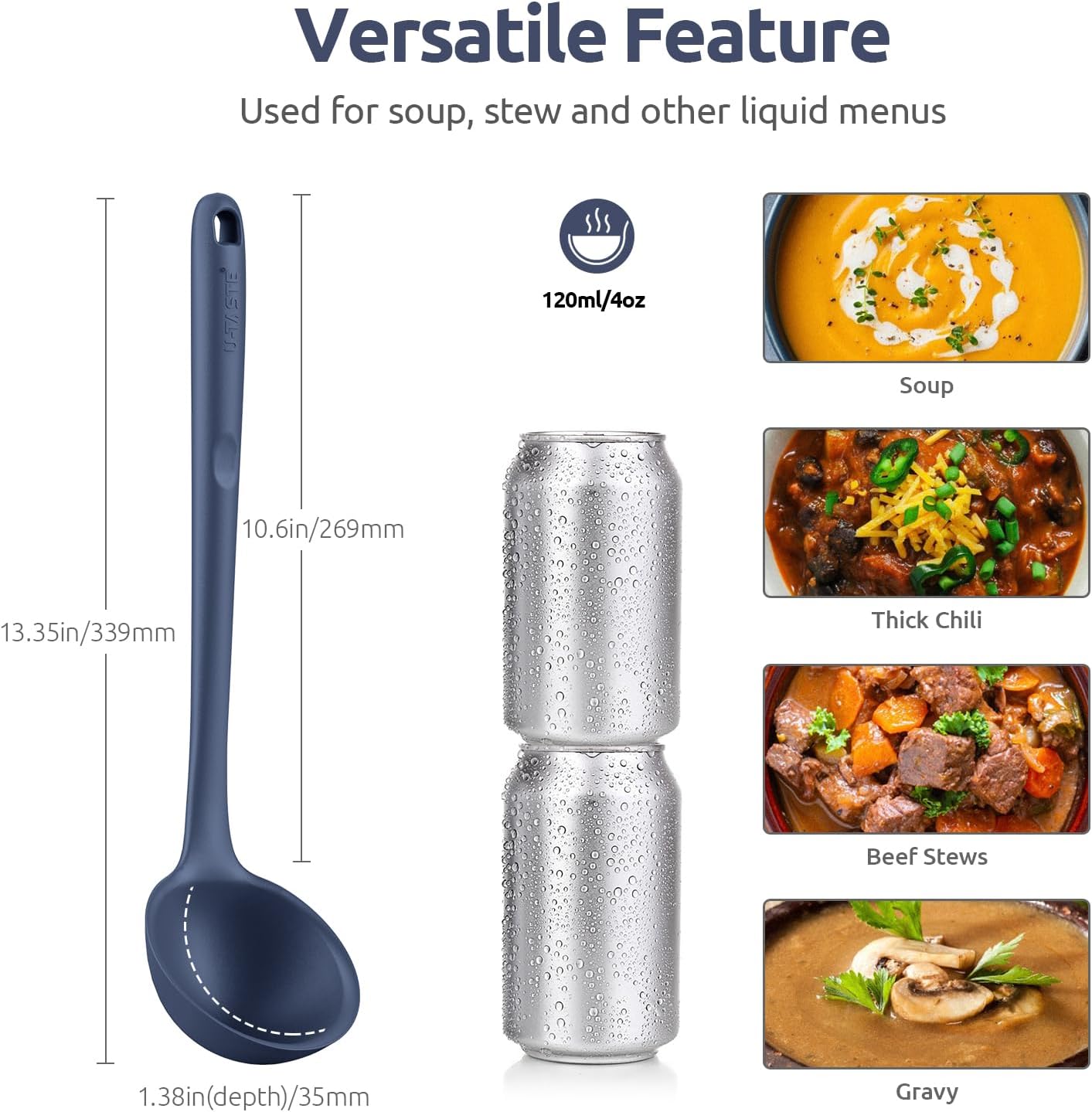 13 inch Silicone Soup Ladle: U-Taste 600ºF Heat Resistant 4 oz Large Non-stick Seamless Rubber Kitchen Deep Serving Spoon with Non Slip Long Handle for Cooking Sauce Stews Gravy (Midnight Blue)