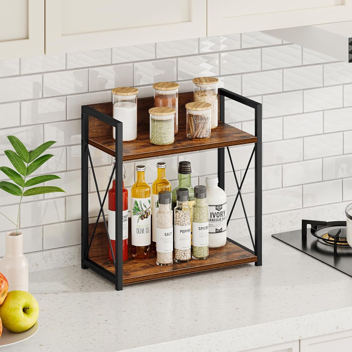 Giikin Kitchen Counter Shelf, Kitchen Countertop Organizer, 2 Tier Spice Rack for Counter, Wood Coffee Bar Organizer for Coffee Station (Brown, L)