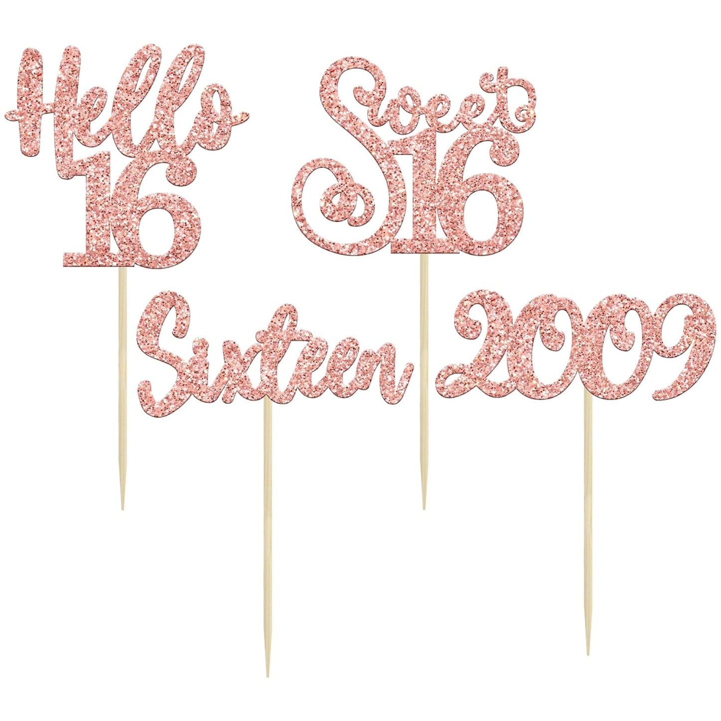 Gyufise 24pcs 16th Birthday Cupcake Toppers - Rose Gold Glitter Hello Sweet 16 Cupcake Picks - 2009 16th Birthday Cake Decorations for Anniversary Party Supplies