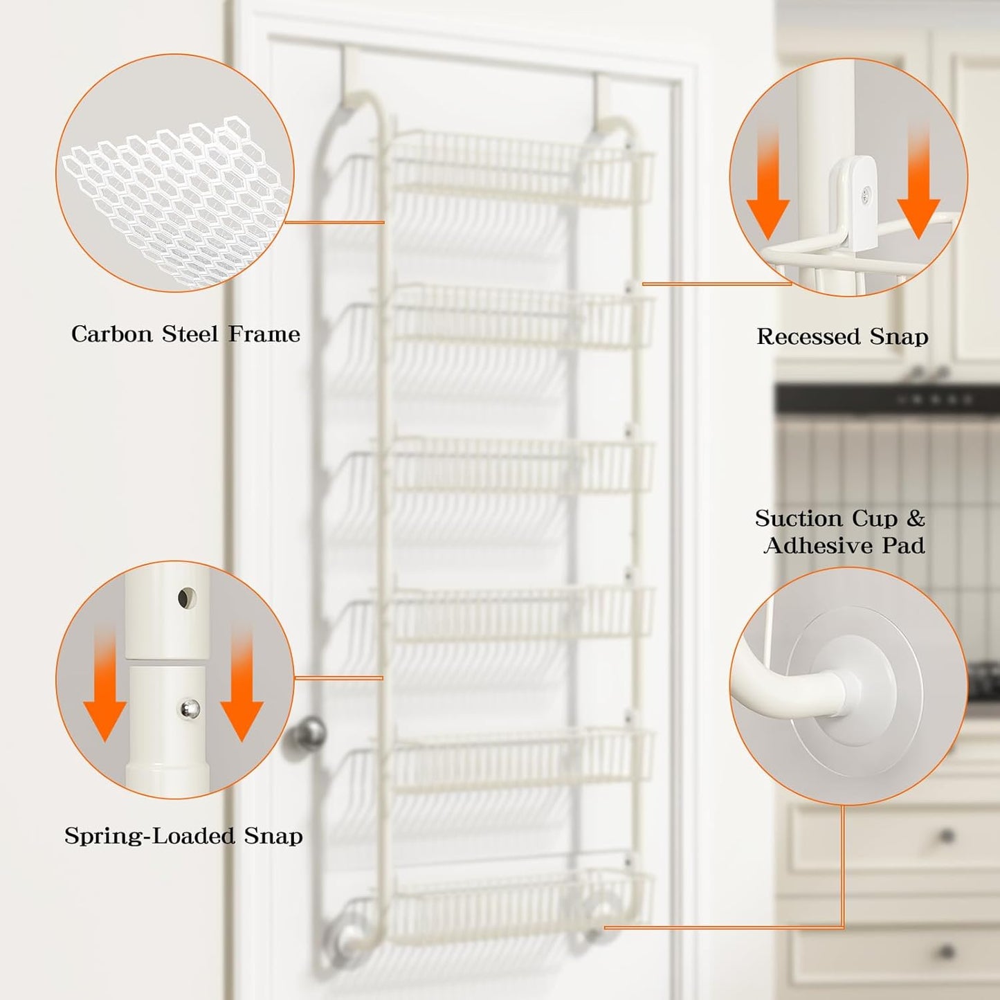 MIAOLI Over the Door Pantry Organizers and Storage, 6-Tier Spice Rack, Home & Kitchen Storage Shelves for Cabinet, Large Capacity Hanging Seasoning Organizer, Laundry Room Organization, White