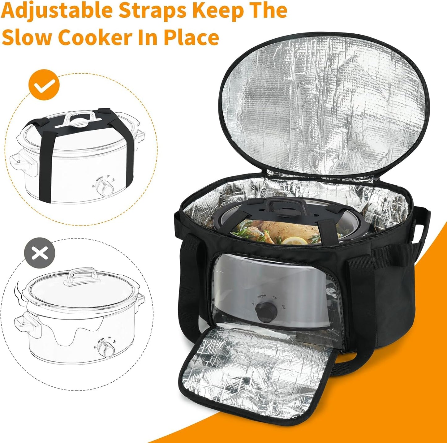 Slow Cooker Carrying Bag Compatible with 6-8 Quart CrockPot and Hamlton Beach,Double-Layer Insulated Carrier Case with Lid Fastener and See-through Window,Bag Only