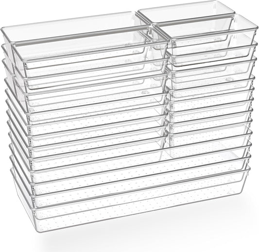 Criusia 26 Pack Large Clear Plastic Drawer Organizer Bins -5 Size Heavy Duty Acrylic Kitchen Drawer Organizers and Storage for Utensils -Bathroom Drawer Organizer Trays for Makeup Office Organization