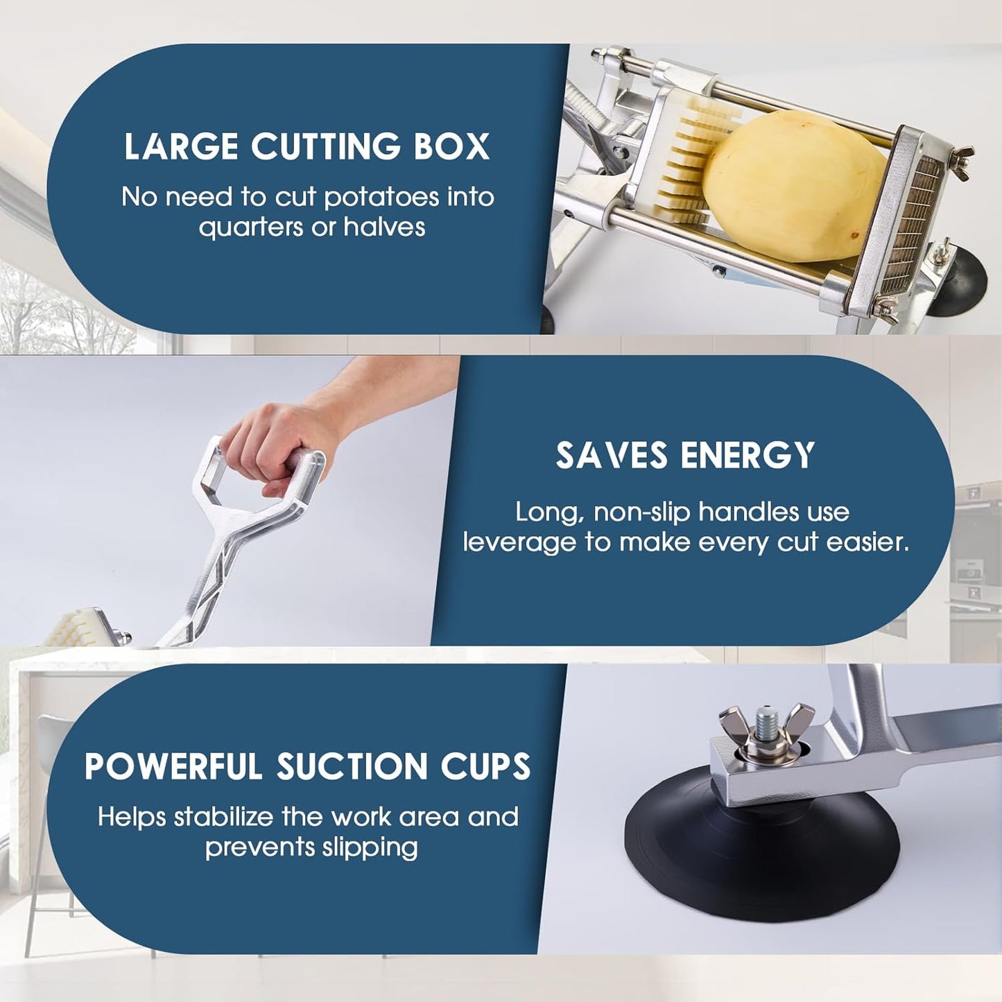 Commercial French Fry Cutter Stainless Steel Potato Cutter with 1/2,1/3,3/8 Inch Blade and 8-wedge balde, Heavy Duty Potato Slicer Manual Potato Chopper Set for Sweet Potato, Carrot, Cucumbers