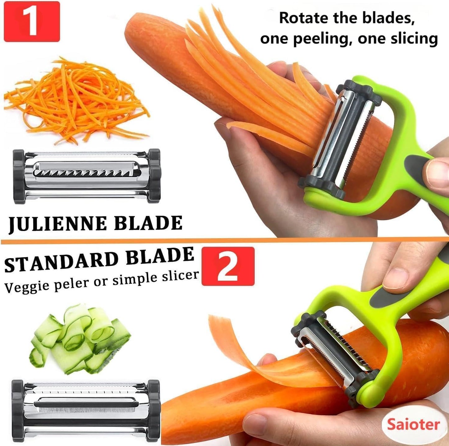 Razor-Sharp 4 In 1 Veggie Peelers For Kitchen Potato Peeler,2PCS I&Y Peeler For Peeling-Slicing-Shredding-Julienning-Excising,Vegetable Peeler With Rotary Stainless Blade& Non-Slip Handle