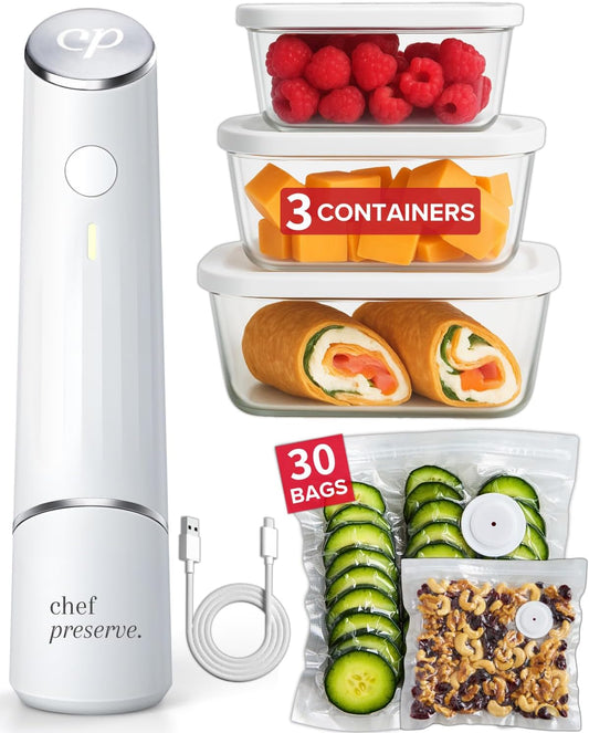 Chef Preserve Compact Vacuum Sealer for Food (Vacuum Sealer Machine + 3 Glass Vacuum Containers + 30 Reusable Vacuum Bags) Powerful Handheld Vacuum Seal Machine, Seal Meal Saver, Portable Food Sealer