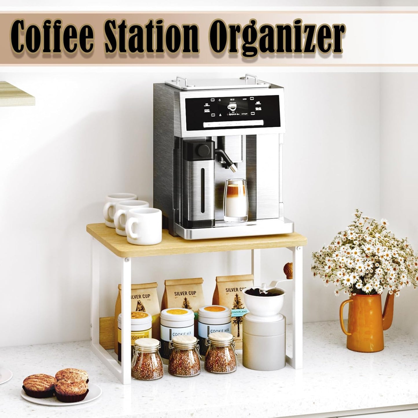 MARTY Kitchen Countertop Organizer Cabinet Shelf, 17x12.4 Large Spice Racks Counter Shelf Microwave Oven Rack Desktop Storage Organization for Kitchen, Office, Metal & Wood, Maple