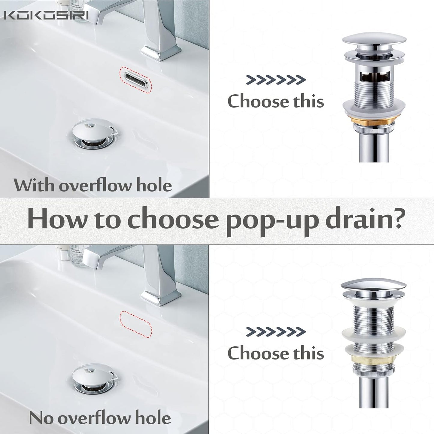 KOKOSIRI Bathroom Sink Drain with Detachable Hair Catcher, Polished Chrome Pop Up Sink Drain with Strainer Basket Anti Clogging for Vanity Vessel Sink with Overflow, C1001CH