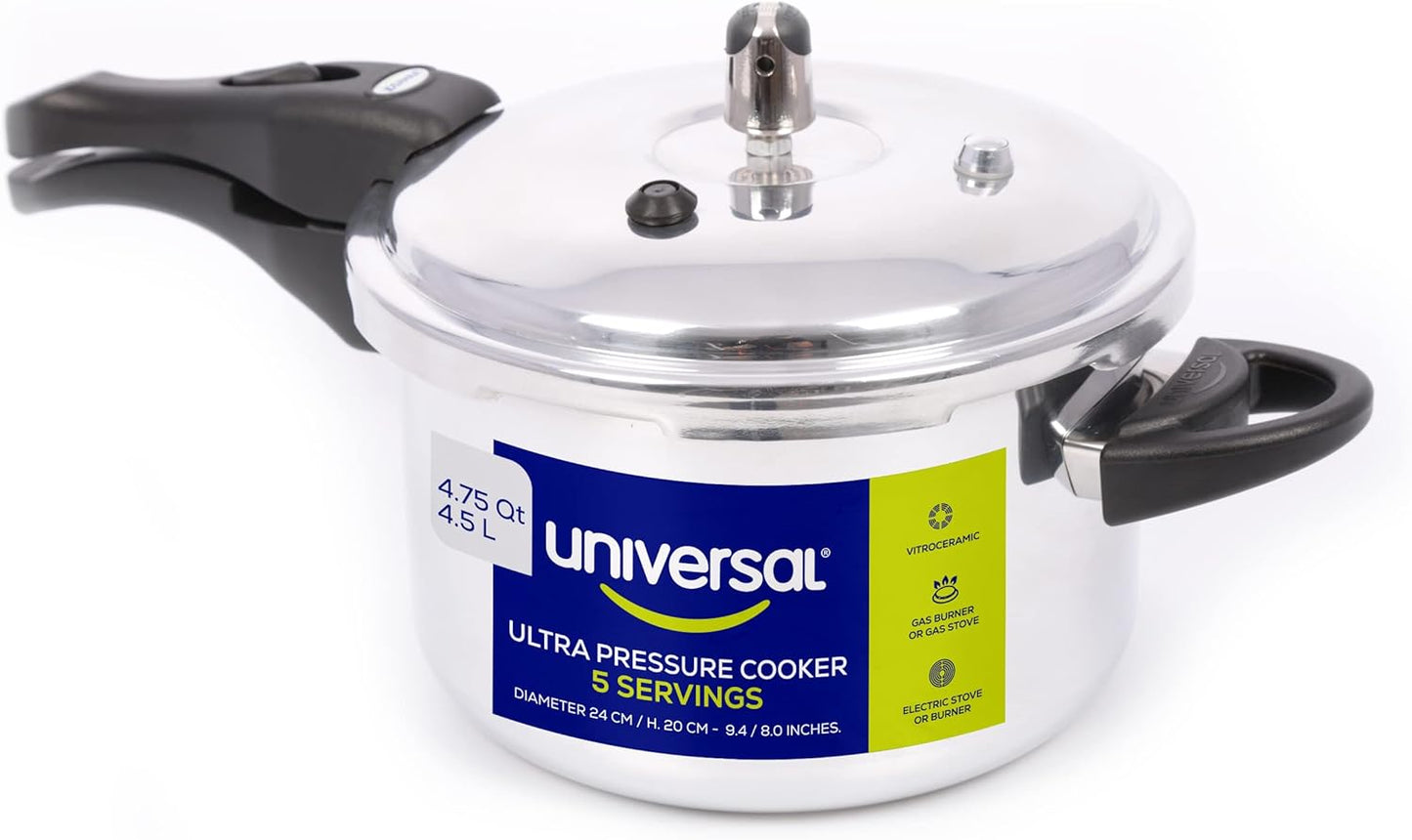 Universal (4.75 Quart / 4.5 Liter) Anti-Rust Ultra Pressure Cooker, Aluminum Pressure Cooker for 5 Servings, Even Heat Distribution, Diameter 9.4 inches, Height 8 inches