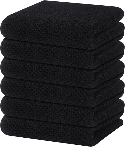 Homaxy 100% Cotton Waffle Weave Kitchen Dish Towels, Ultra Soft Absorbent Quick Drying Cleaning Towel, 13 x 28 Inches, 6-Pack, Black