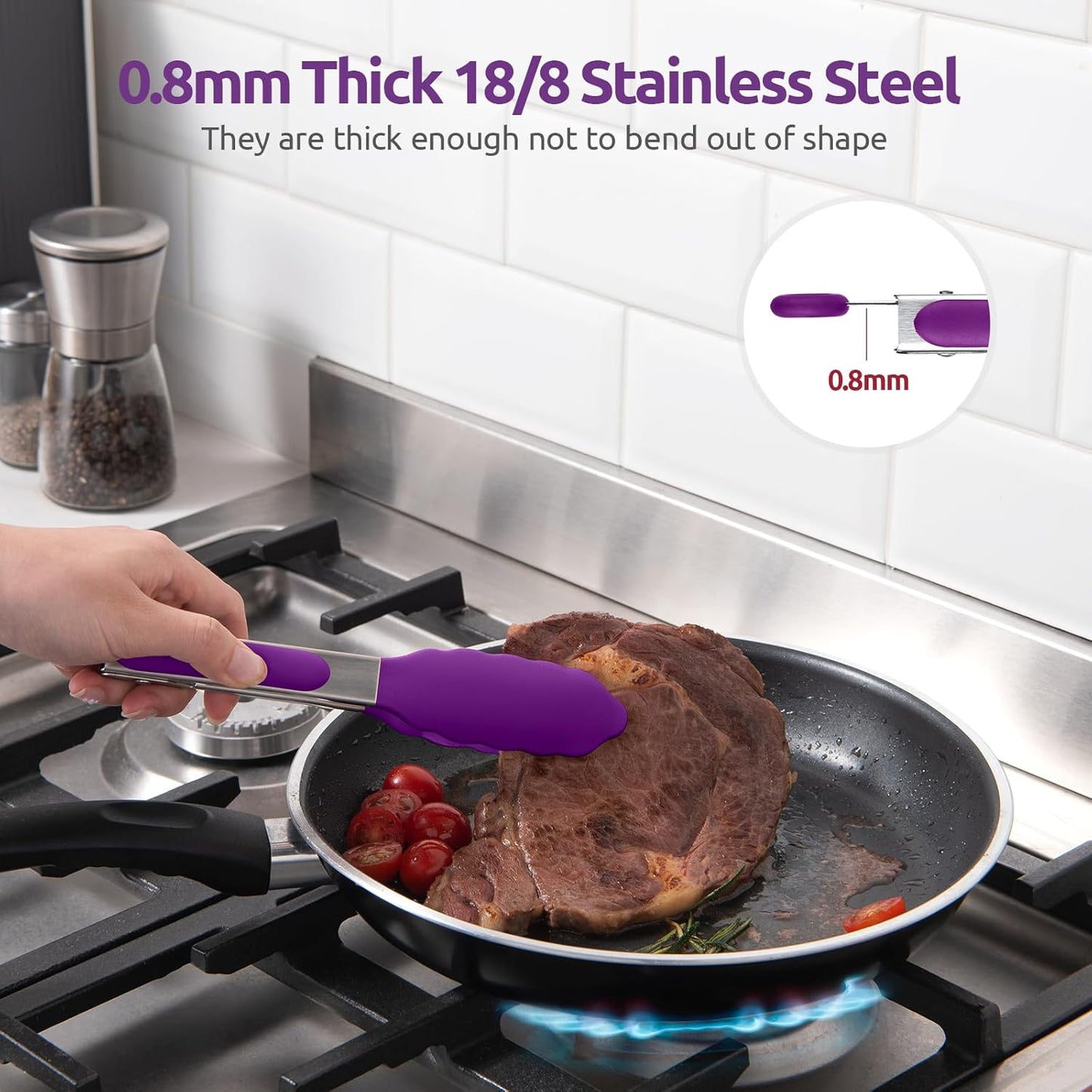 600ºF Heat Resistant Kitchen Tong: U-Taste 7 inch Silicone Cooking Tong with Firm Sealed Non Stick Rubber Tips & Silicon Coated 18/8 Stainless Steel Handle & Smooth Locking for Serving Salad (Purple)