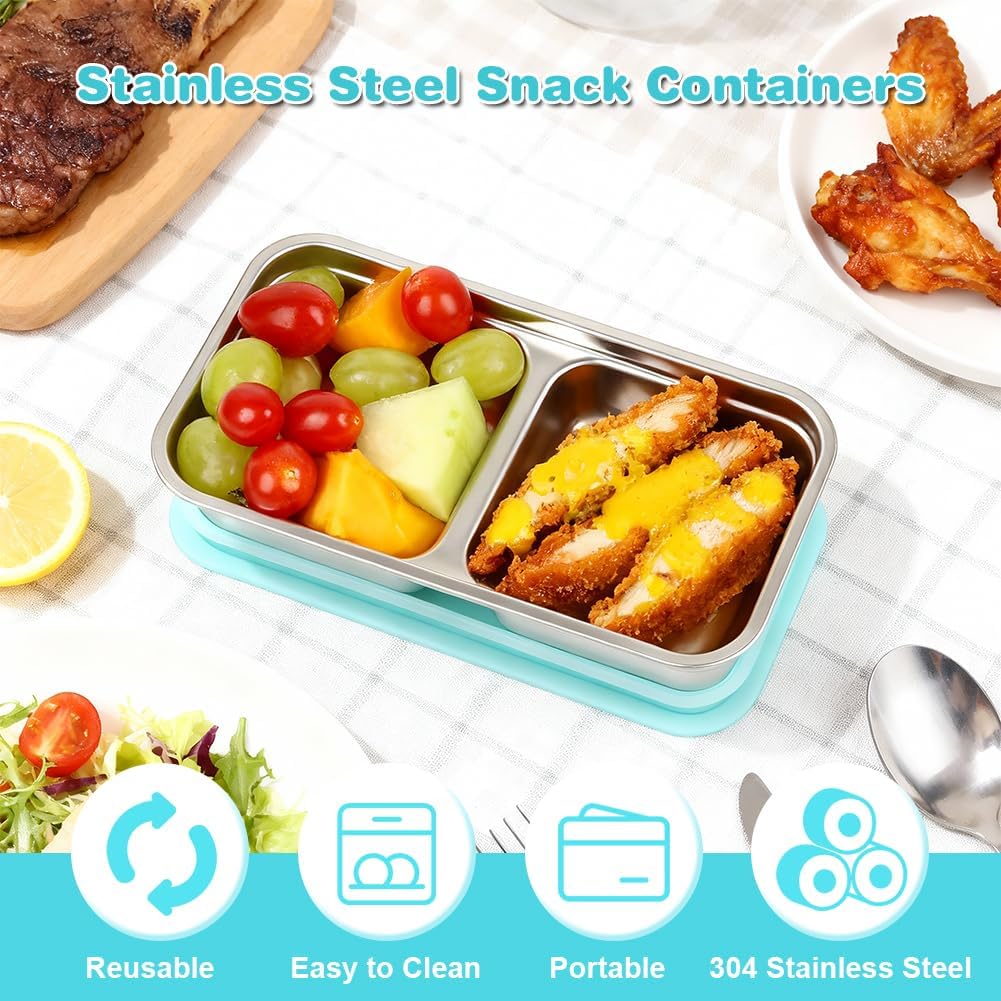 YQL 4 Pack Stainless Steel Snack Containers with Lids, Double Compartment Food Storage Boxes for Lunch Prep, Reusable Leakproof Bento Snack Boxes for Travel, Office, Camping