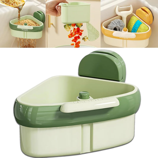 Suction Cup Sink Strainer Corner Rack, Automatic Dumping Triangular Sink Storage Rack Holder, 2025 New Plastic Sink Basket Shelf with Drain Hole & Sucker, Corner Hanging for Kitchen Bathroom