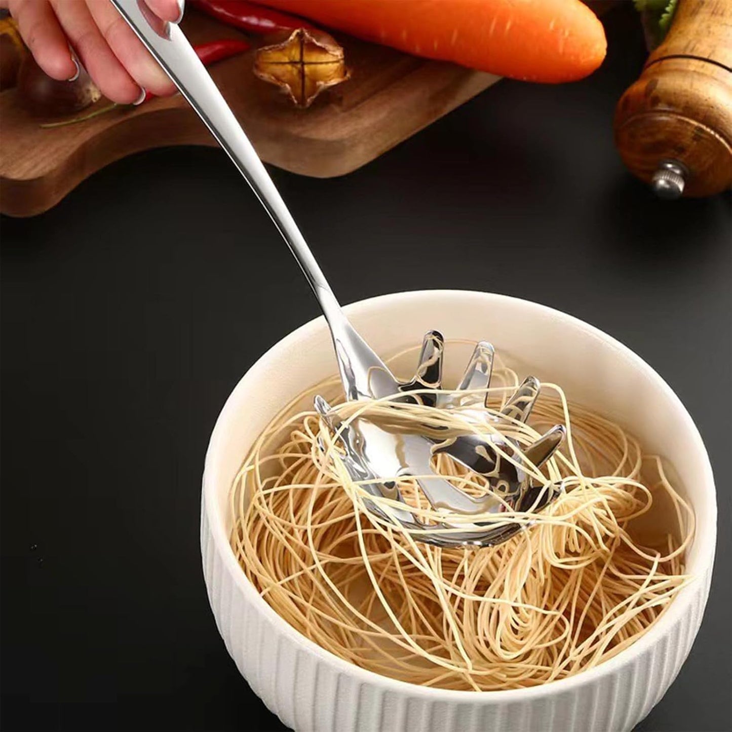 Stainless Steel Pasta Spoon, Spaghetti Spoons Server, Spaghetti Fork with Ergonomic Handle, Noodle Utensil for Kitchen, 9. 4inch