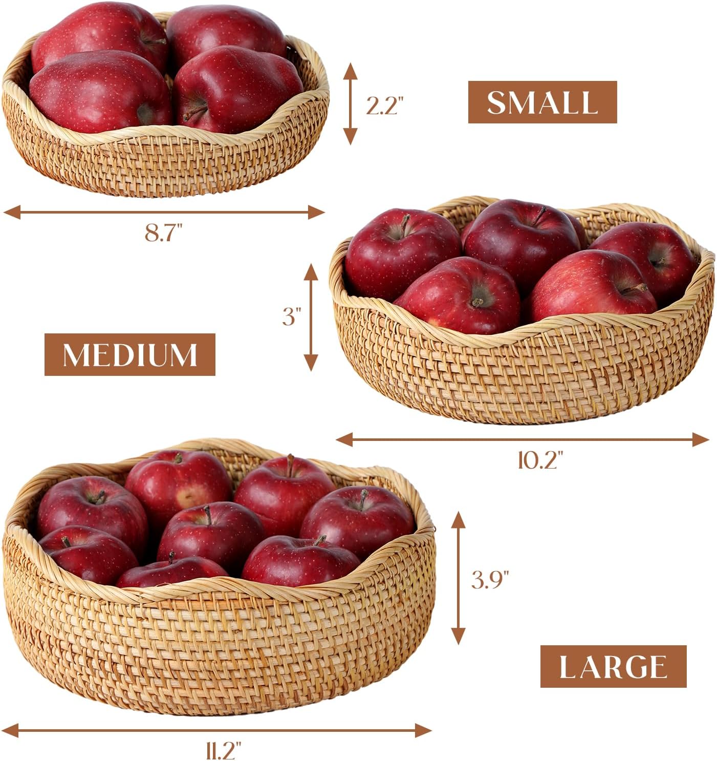 Rattan Scalloped Bread Basket, Round Fruit Baskets, Wicker Storage Bowls, Natural Woven Serving Basket Bowls, Decorative Baskets for Kitchen Counter Organizing, 1 PCS, 11.2 x 11.2 x 3.9 inches