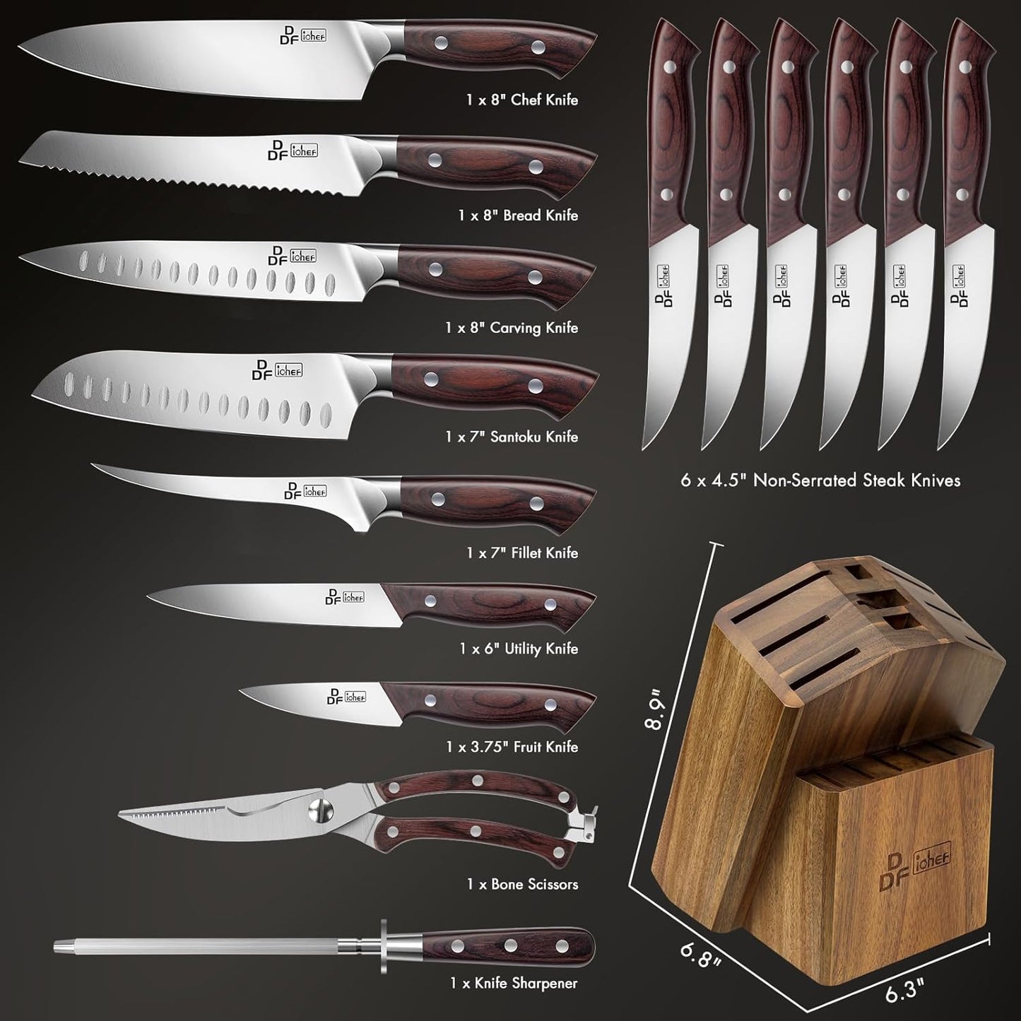 DDF iohEF Kitchen Knife Set, 16-Piece Knife Sets for Kitchen with Block Japanese Stainless Steel Knives Set with Sharpener Ultra Sharp Professional Chef Knife Set with Ergonomic Handle for Cutting